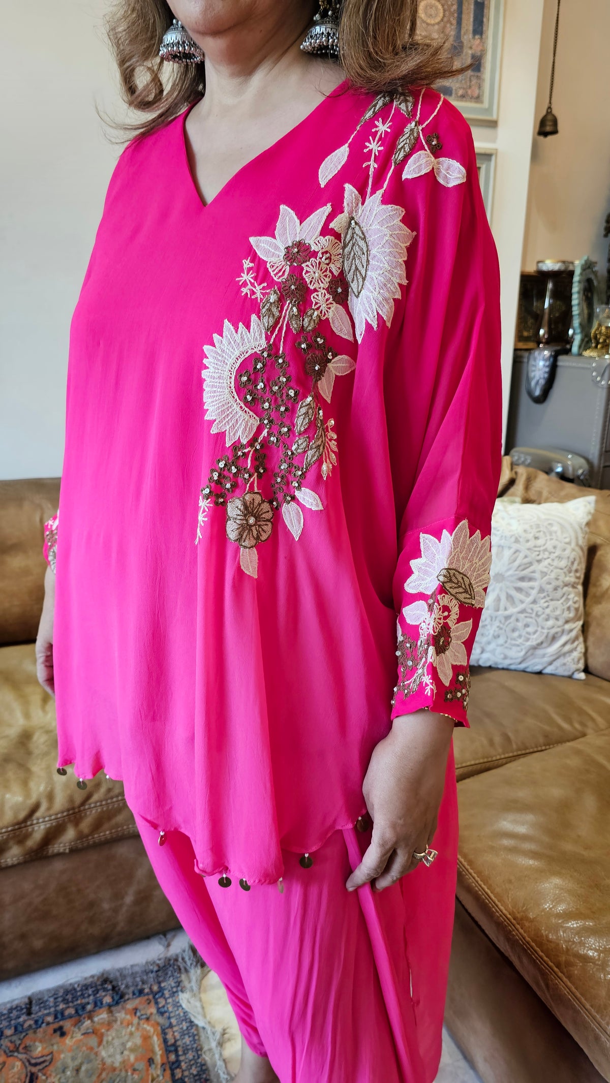 Beautiful Floral Patch Work With Hand Embroidery A Symmetric Kurta & Drop Crotch Pants