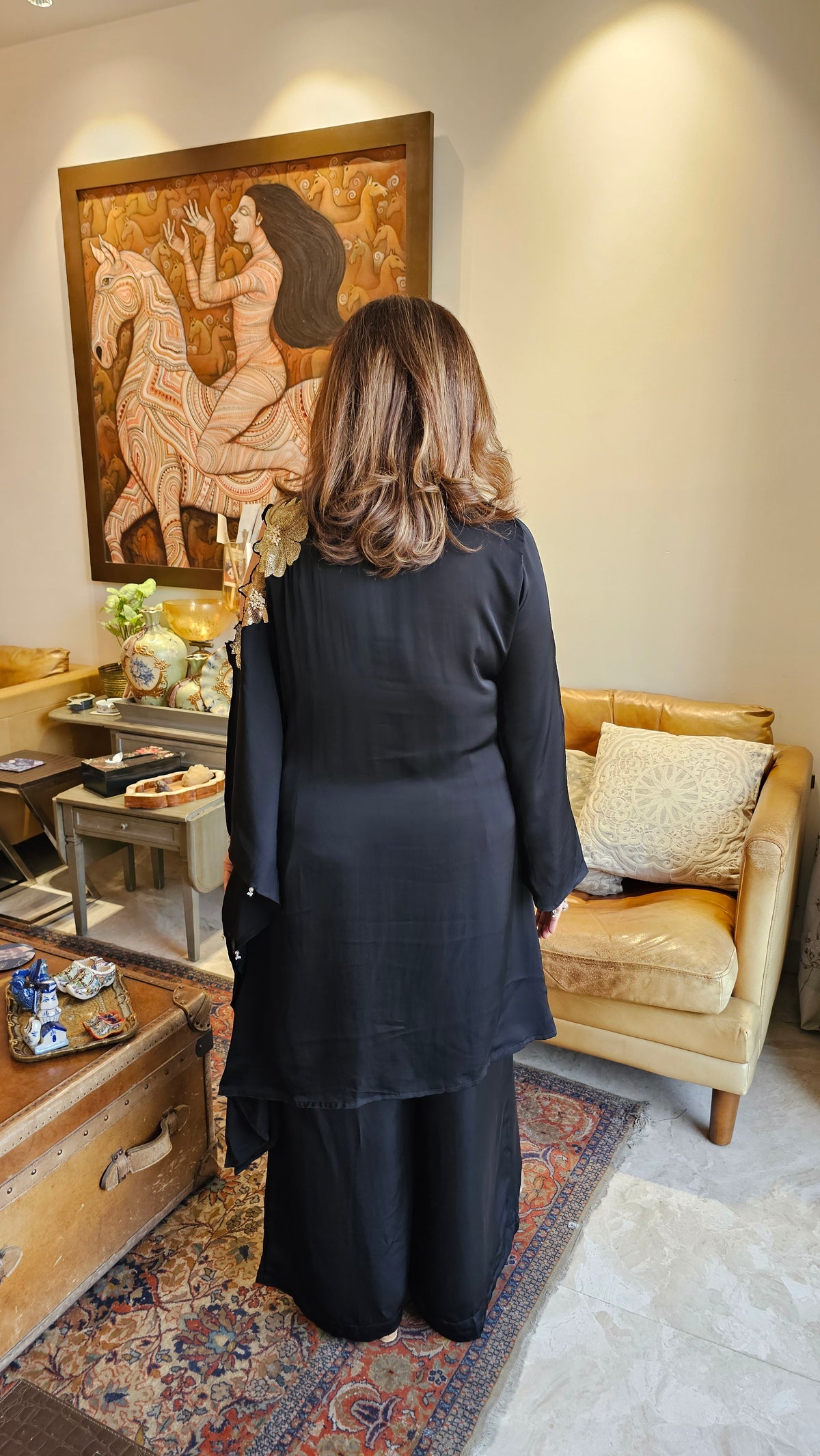 Satin Crepe Kaftan with Palazzo Embellished with Hand Work
