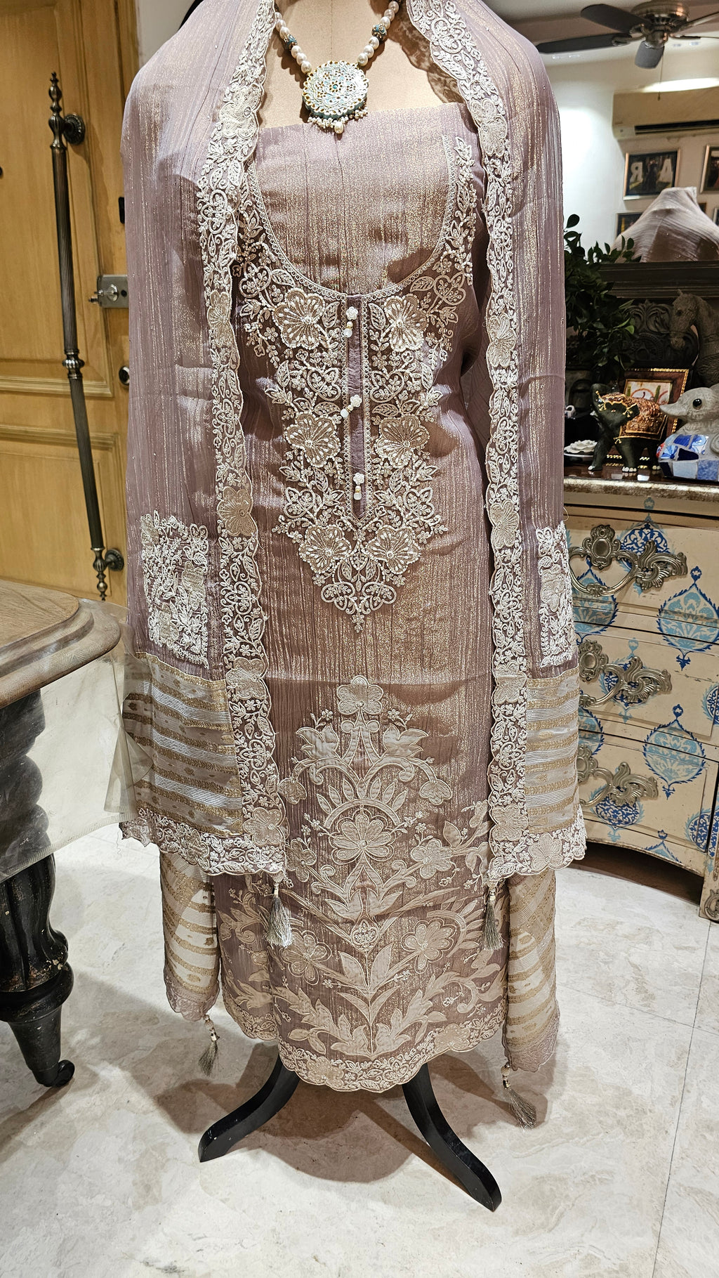 Beautiful Crushed Tissue Unstitched Suit with Hand Embroidery & Resham Work