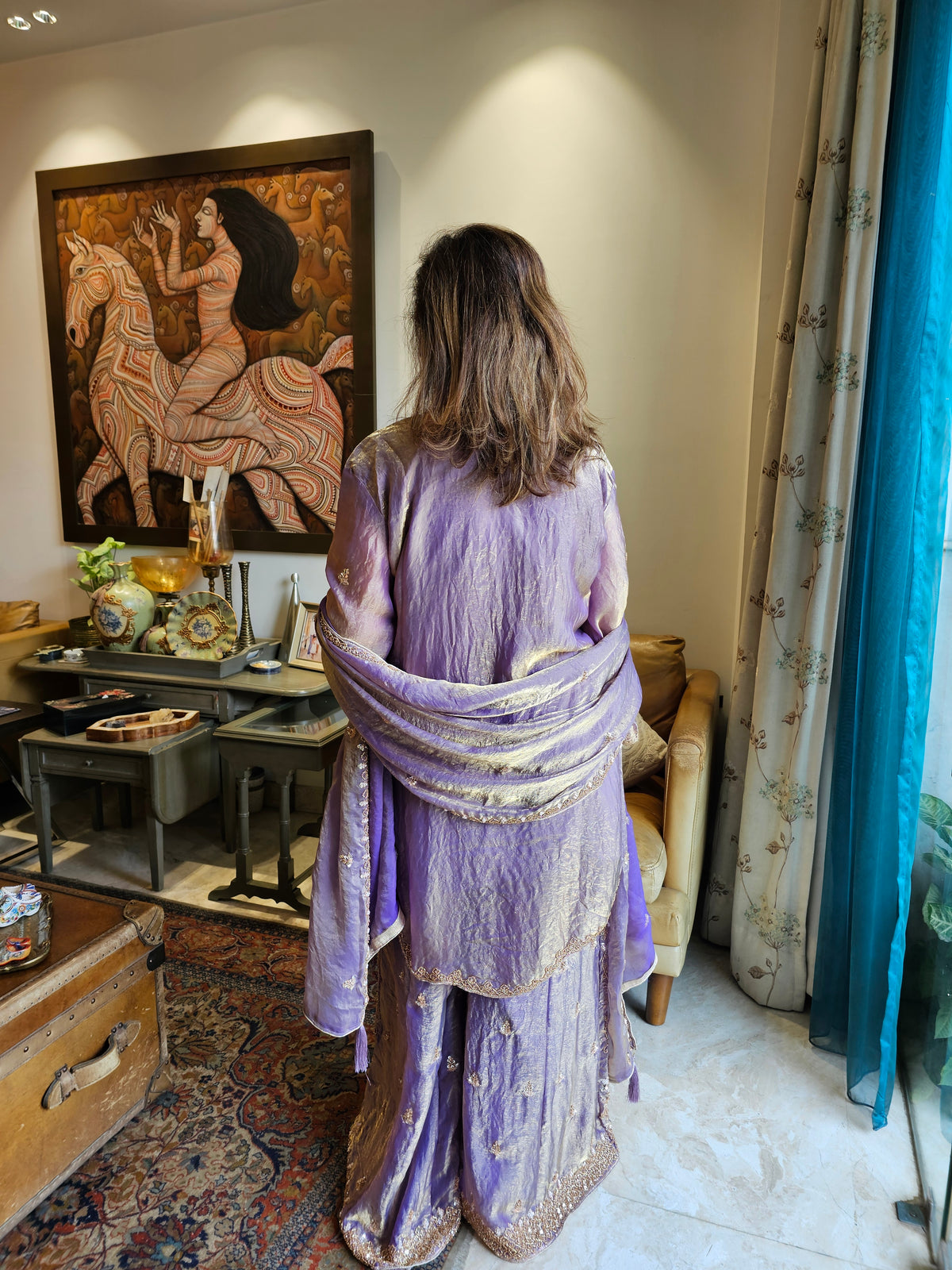 Satin Tissue Top, Bottom & Dupatta Heavily Embroidered with Sippi, Moti & Cutdana Work