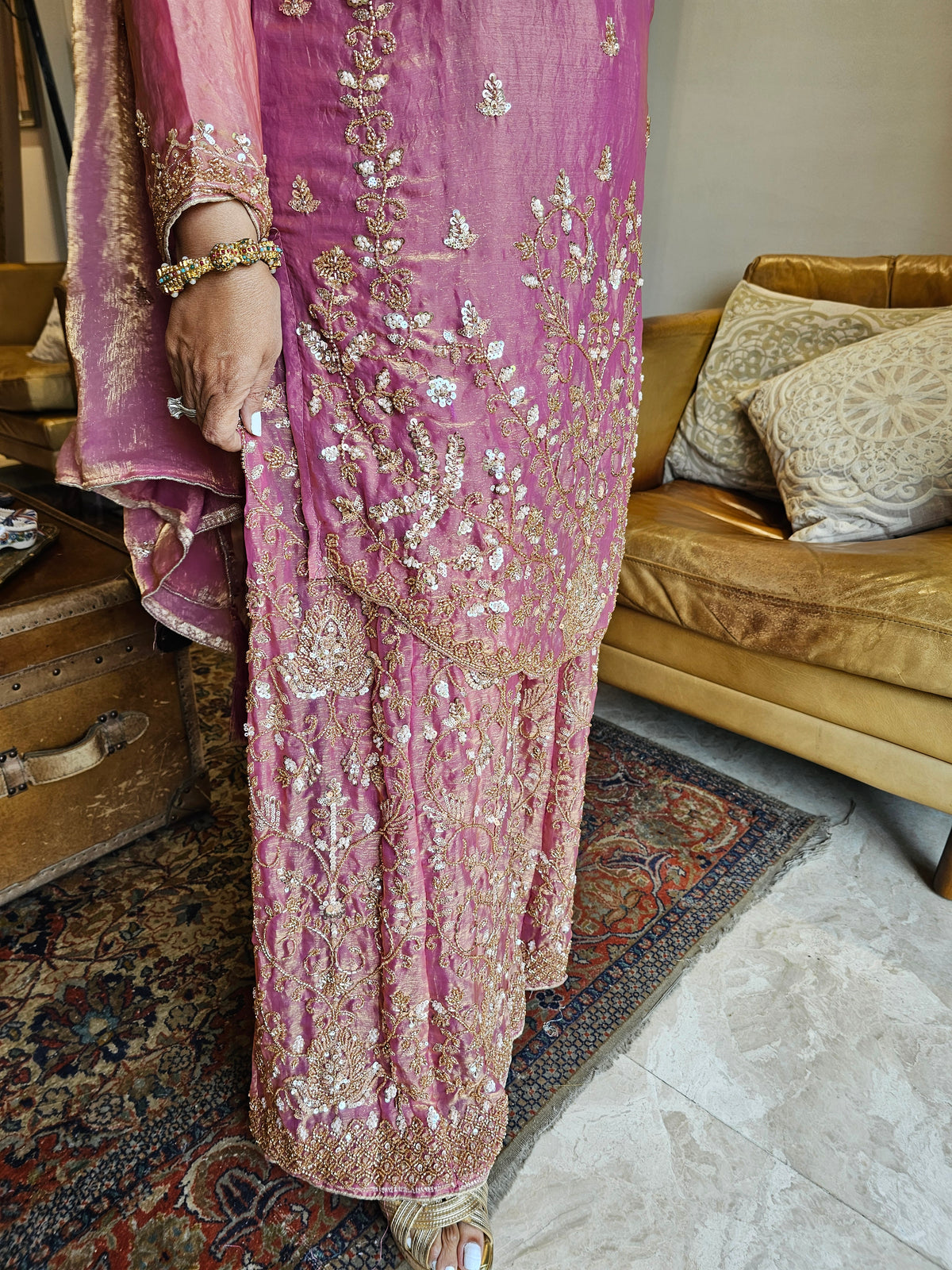 Satin Tissue Top, Bottom & Dupatta Heavily Embroidered with Sippi, Moti & Cutdana Work