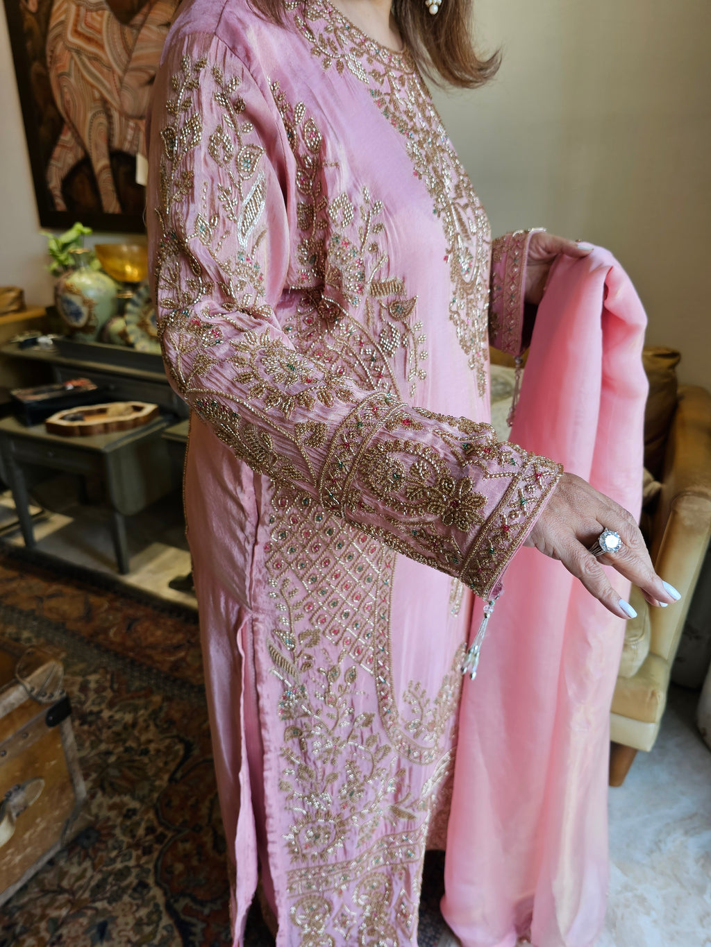 Satin Tissue Top, Organza Tissue Dupatta with Banarasi Jacquard Bottom Heavily Embroidered with Sippi, Moti & Cutdana Work