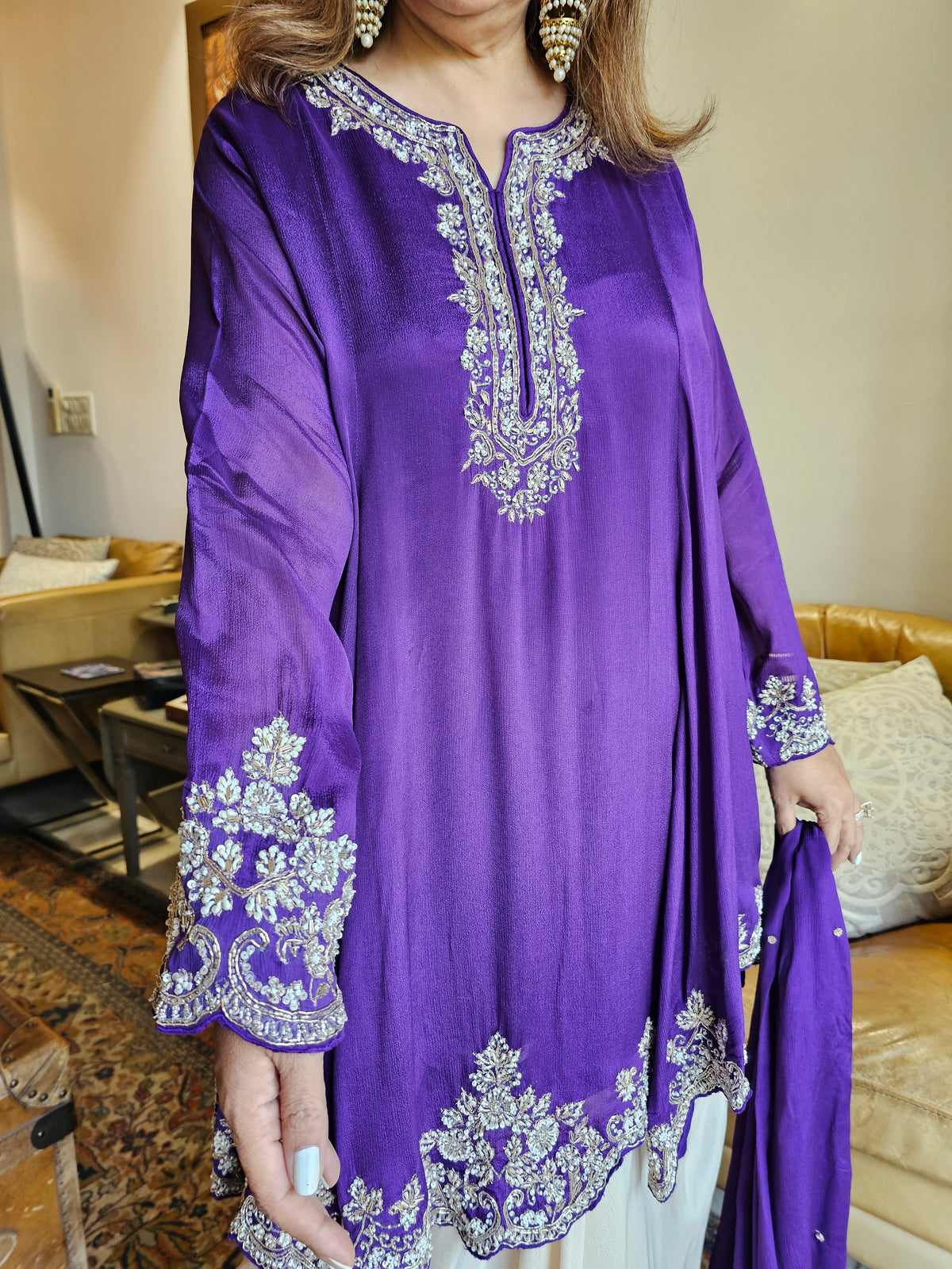 Flared Chinon Hand Embroidered Top with Chinon Drape Skirt & Dupatta with Zari, Moti, Nakshi & Cutdana Work
