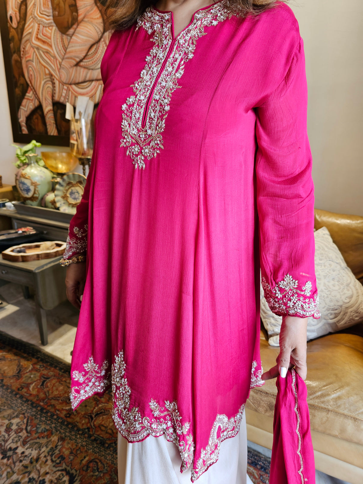 Flared Chinon Hand Embroidered Top with Chinon Drape Skirt & Dupatta with Zari, Moti, Nakshi & Cutdana Work