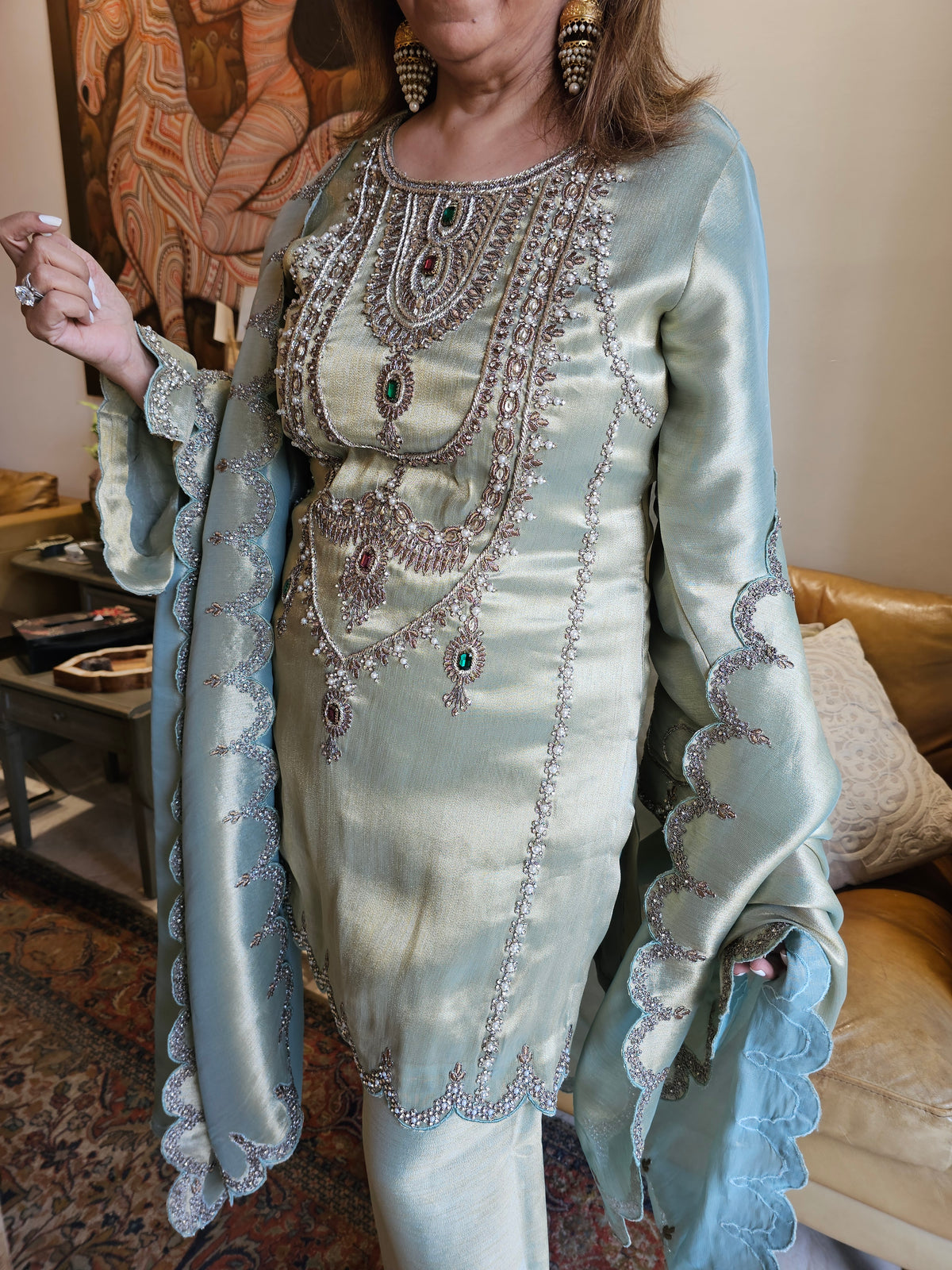 Banarasi Tissue Top, Bottom & Dupatta Heavily Embroidered with Sippi, Moti, Cutdana & Stone Work with Jewellery Neck