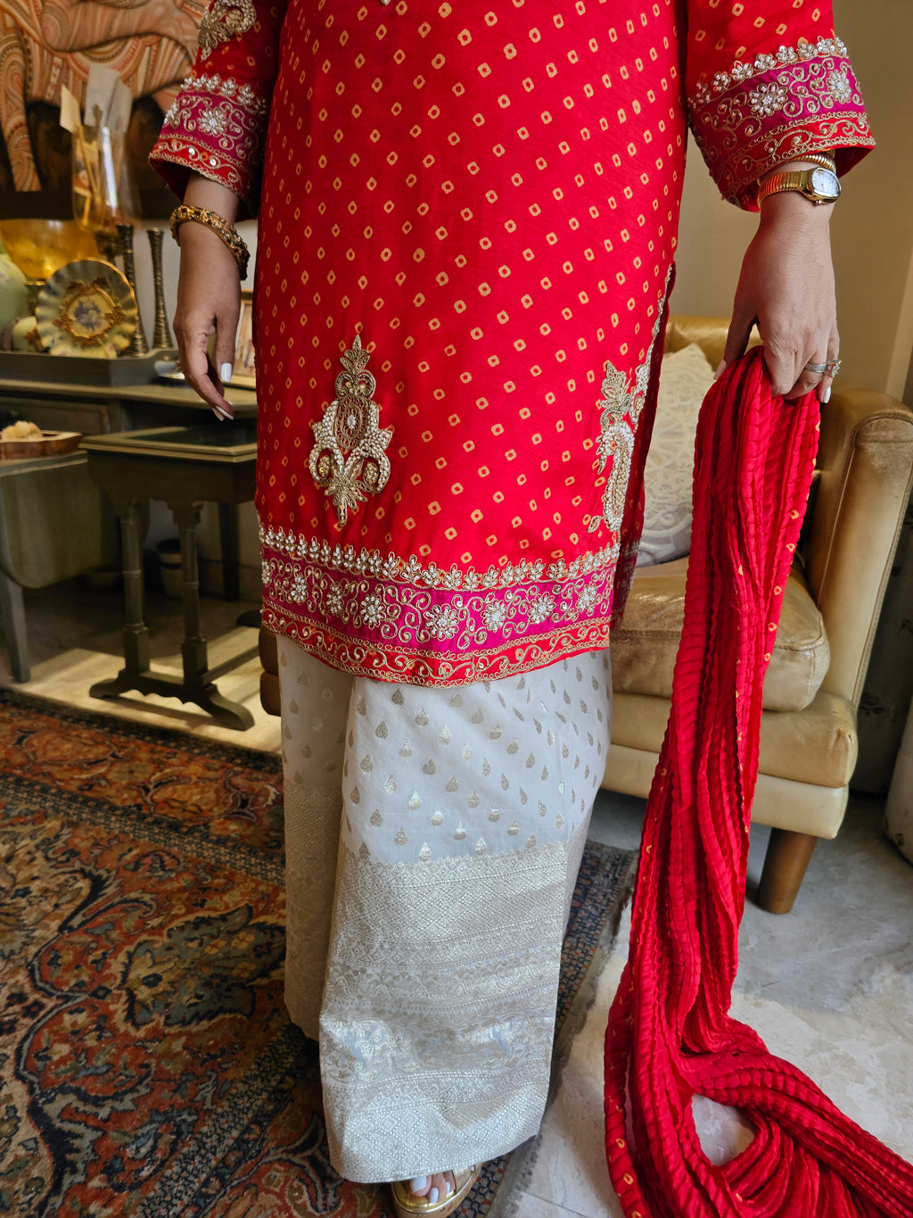 Blended Silk With Bandhani Printed Top & Banarasi Bottom Heavily Emrbroidered with Sippi, Moti & Knot with Crushed Organza Dupatta