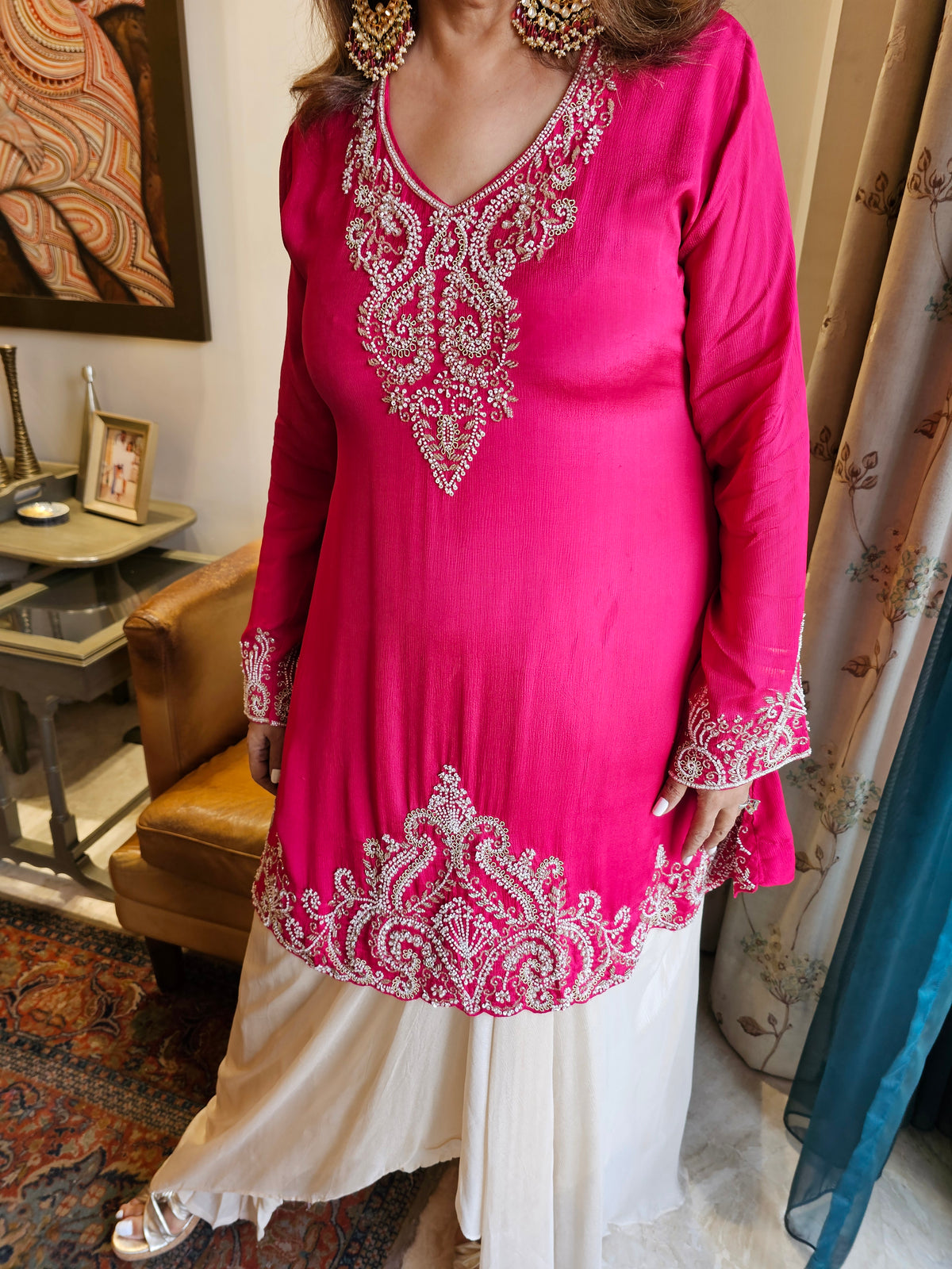 Chinon Hand Embroidered Top & Drape Skirt  with Zari, Moti, Nakshi & Cutdana Work