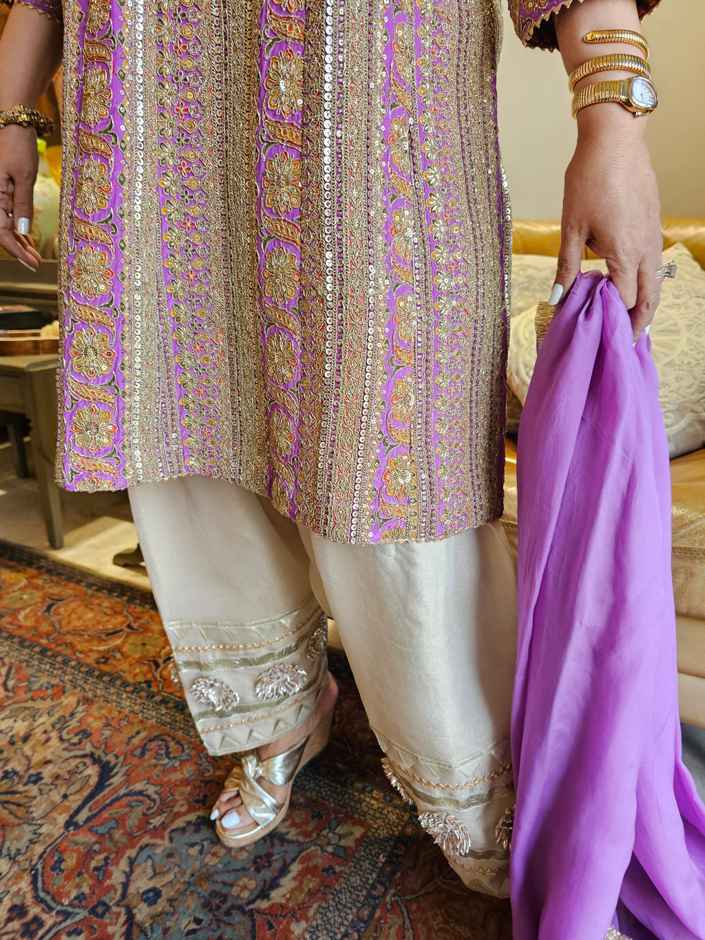 Embroidered Kurta with Tissue Pants & Gota Work with Organza Dupatta