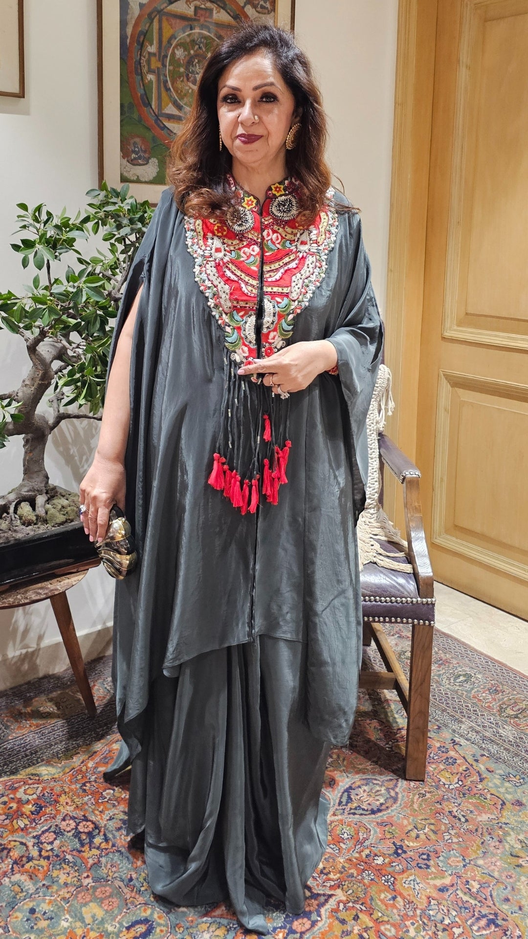 Stunning 3 Piece Drape Skirt With Asymmetric Hand Embroidered Cape