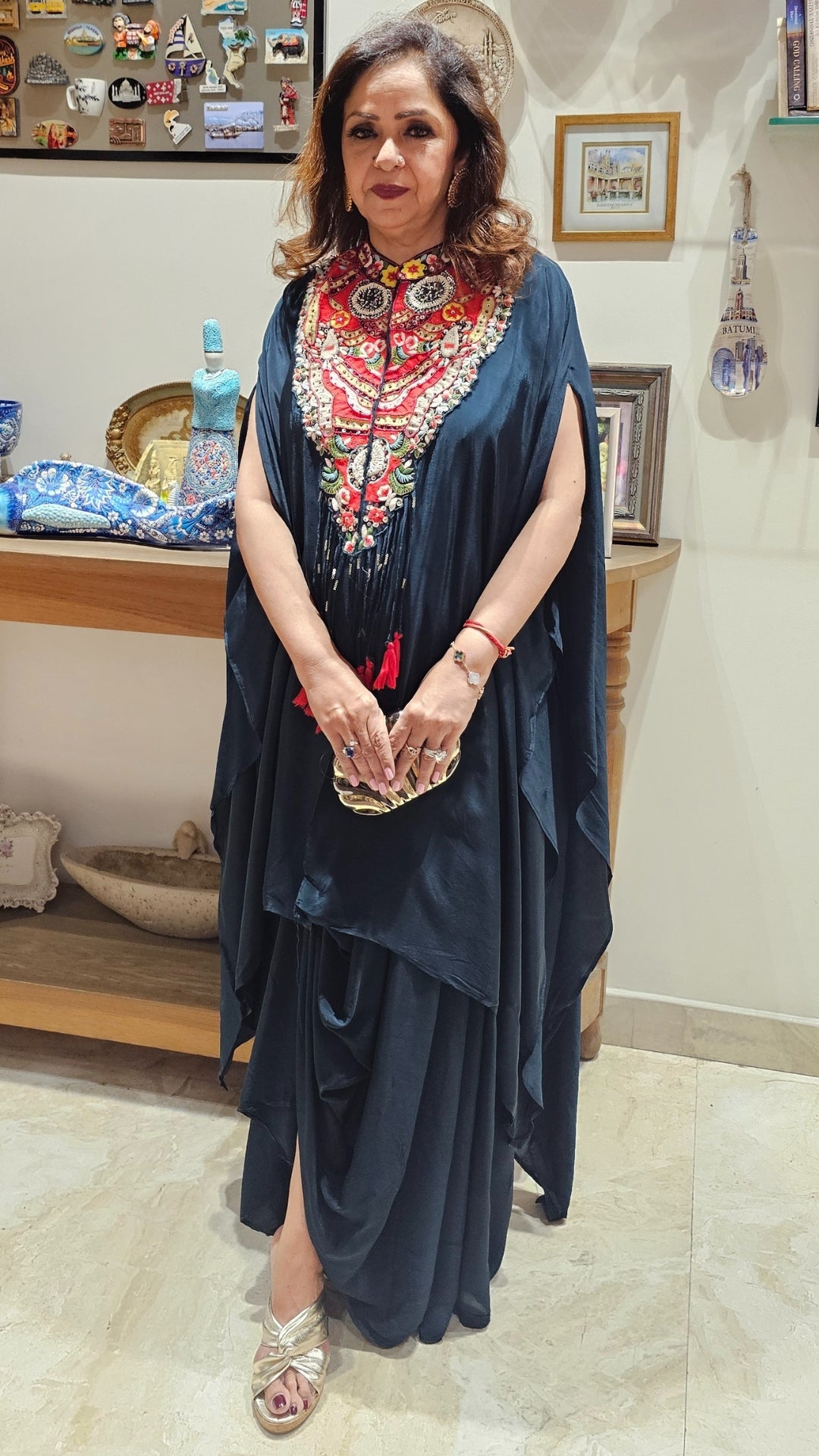 Stunning 3 Piece Drape Skirt With Asymmetric Hand Embroidered Cape