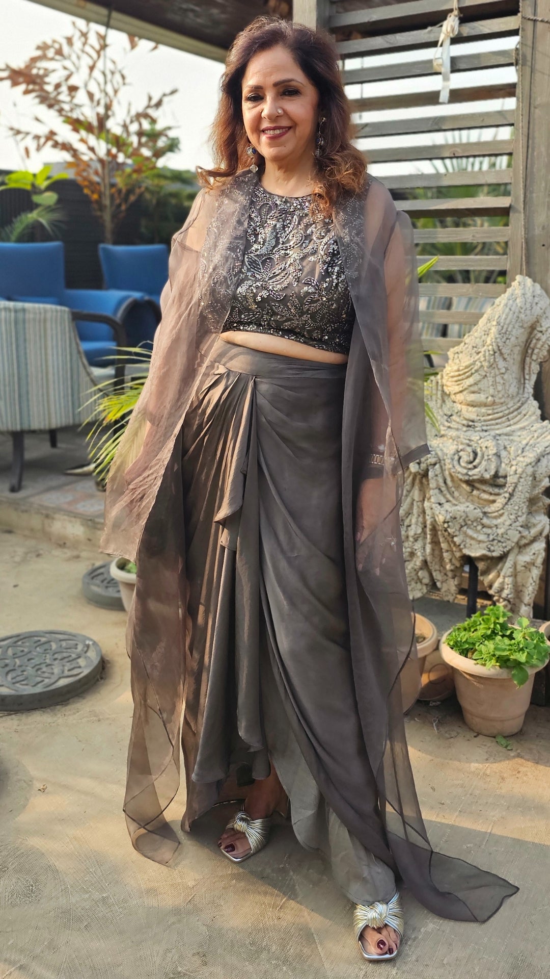 Show Stopper Charcoal Grey Drape Skirt  and Wispy Organza Tonal Asymmetric Jacket