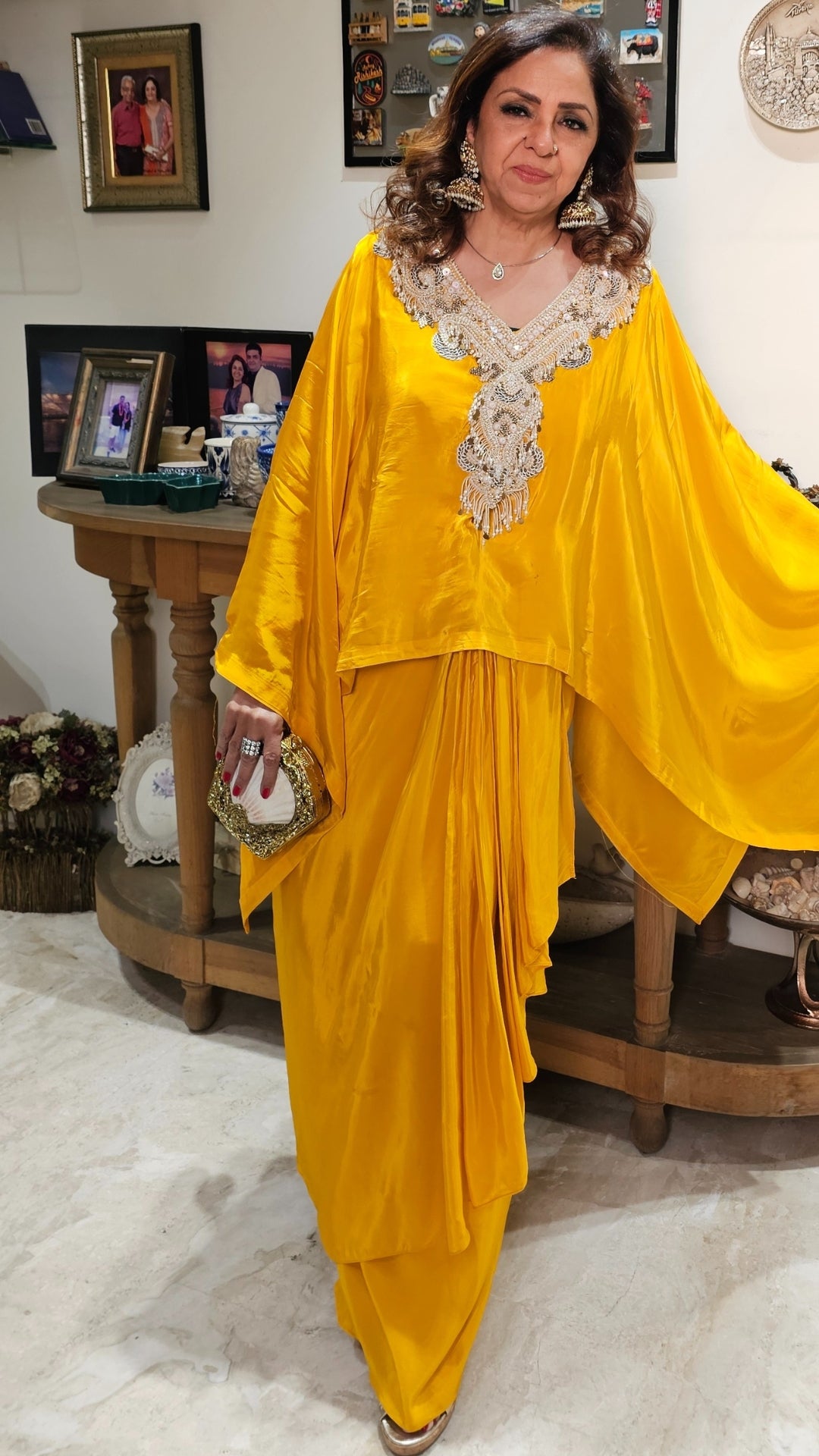 Show Stopper Crape Kaftan Top With Drape Skirt Complete Hand Embroidered Neck Line