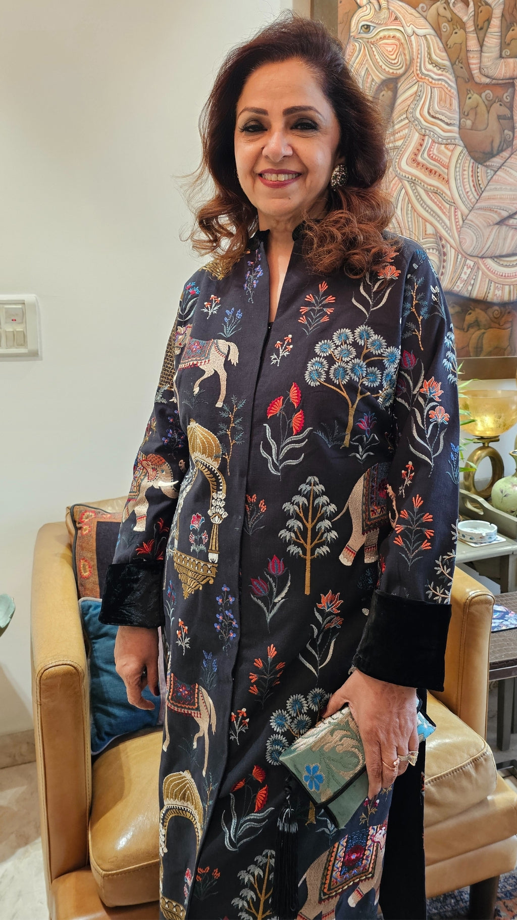 A Beautiful Silk linen Achkan With Pencil Pants Trimmed With Velvet