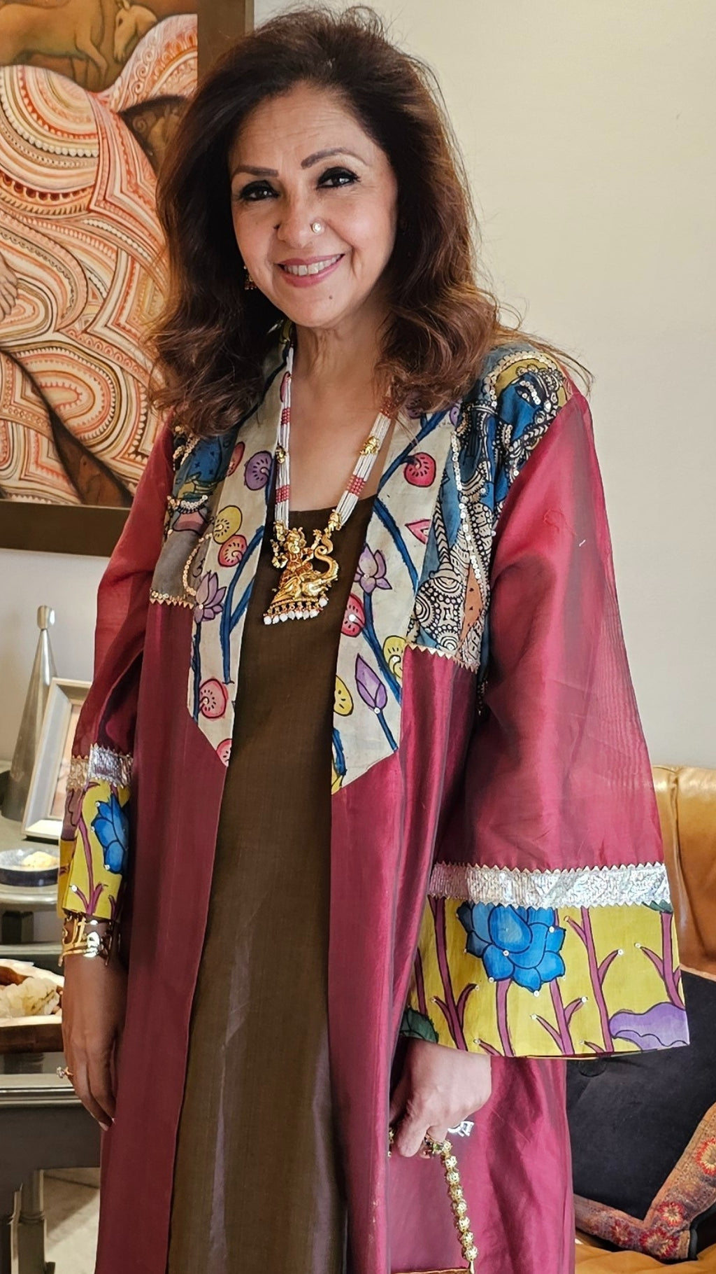 Brown Chanderi Silk Two Piece Set With Pure Hand Painted Kalamkari and Embroidered Work