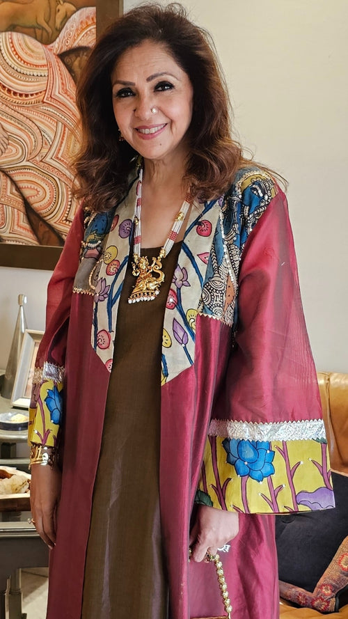 Brown Chanderi Silk Two Piece Set With Pure Hand Painted Kalamkari and Embroidered Work
