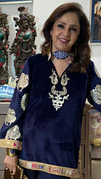 Navy Blue Velvet Top and Bottom With Embroidery and Embossing Work