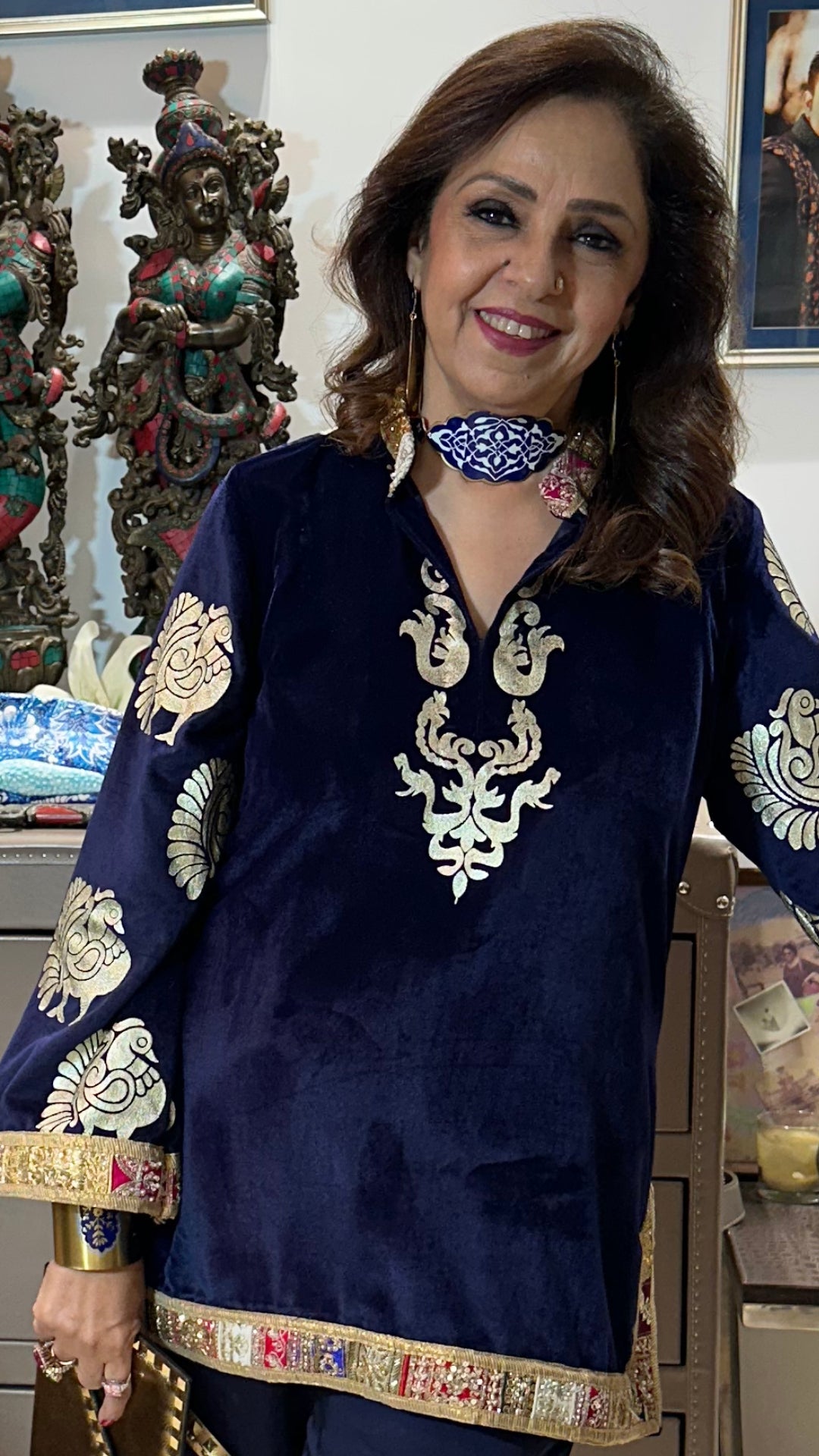 Navy Blue Velvet Top and Bottom With Embroidery and Embossing Work