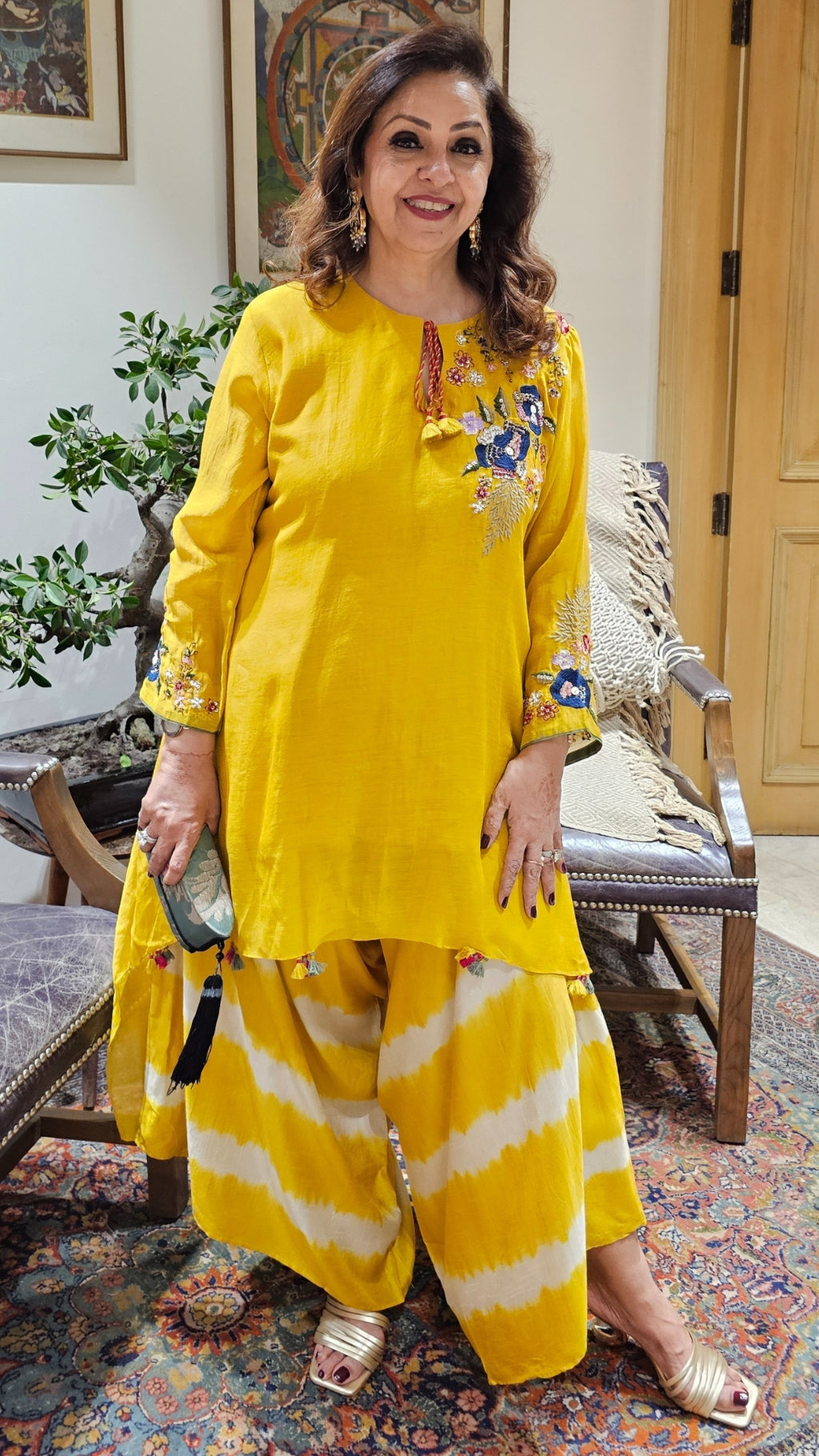 Asymmetric Kurta in Pure Mul Chanderi With Silk Tie and Dye Boho Pants