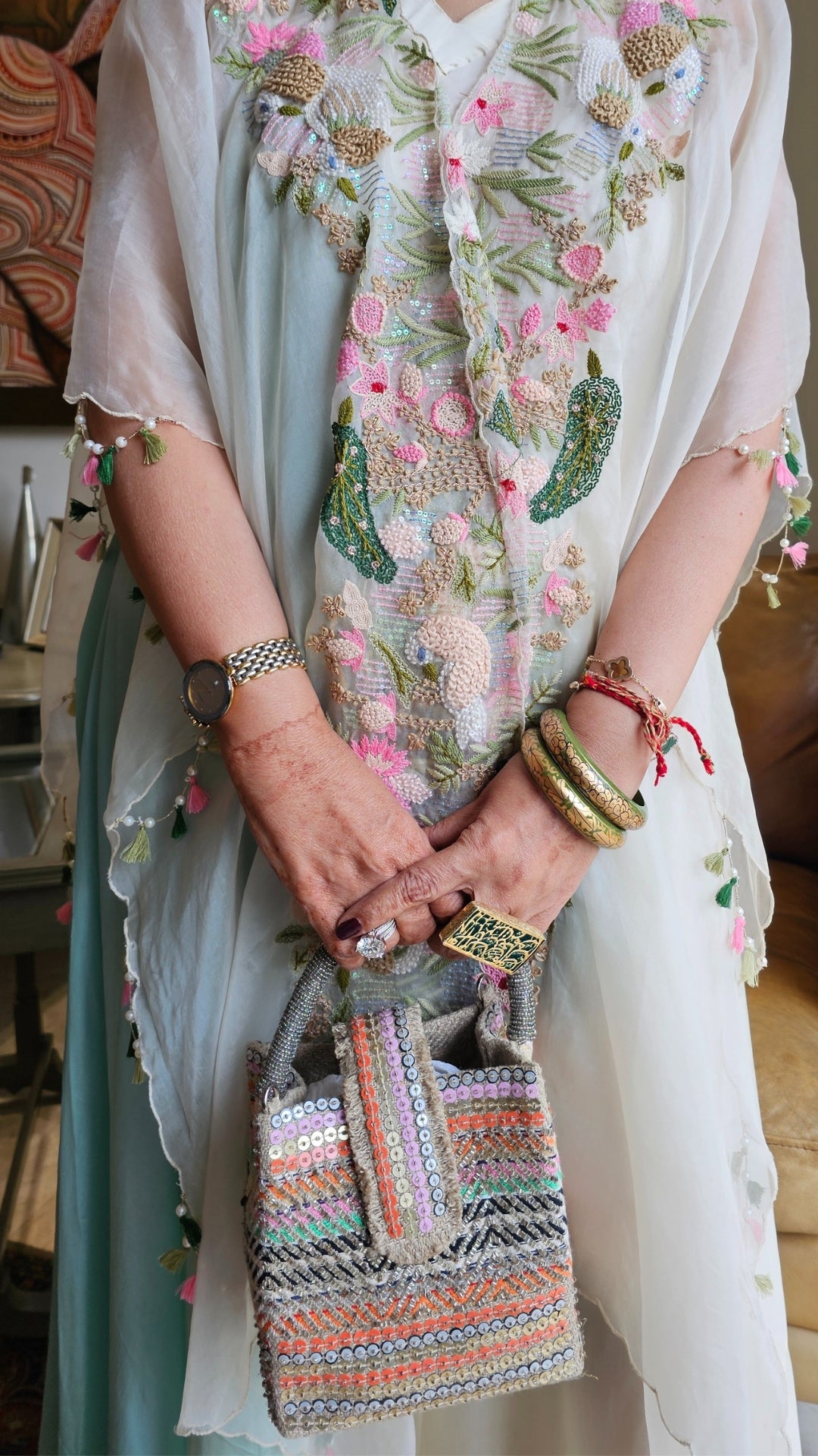 Beautiful Sea Green Satin Hand Embroidered Dress With Pure organza Cape