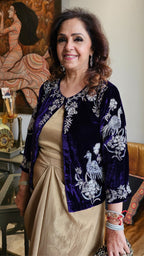 Beautiful Navy Blue 3 Piece Formal Outfit in Tissue Drape Skirt and Tissue Bustier With A Short Velvet Jacket Complete With Hand Embroidery