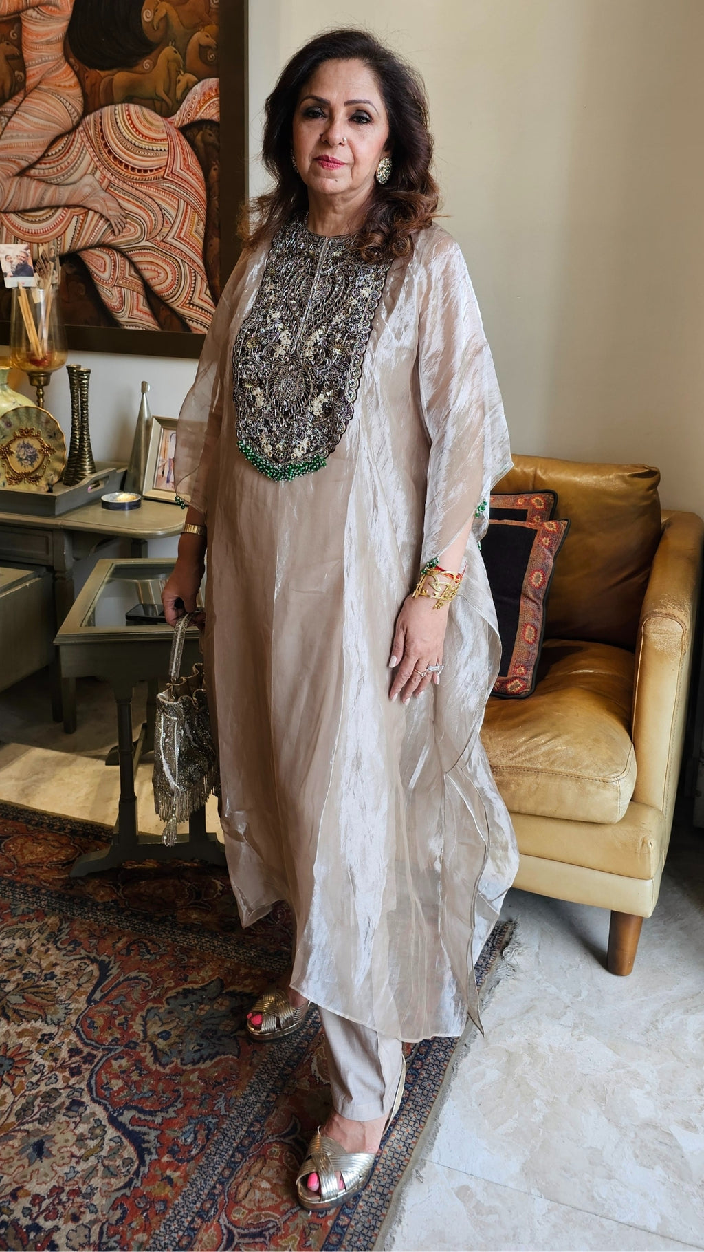 Beautiful Outfit in Silk Tissue With Sui ka Kaam, Dabka, Zardozi Cape With Heavy Hand Embroidered Neck and Plain Silk Pants