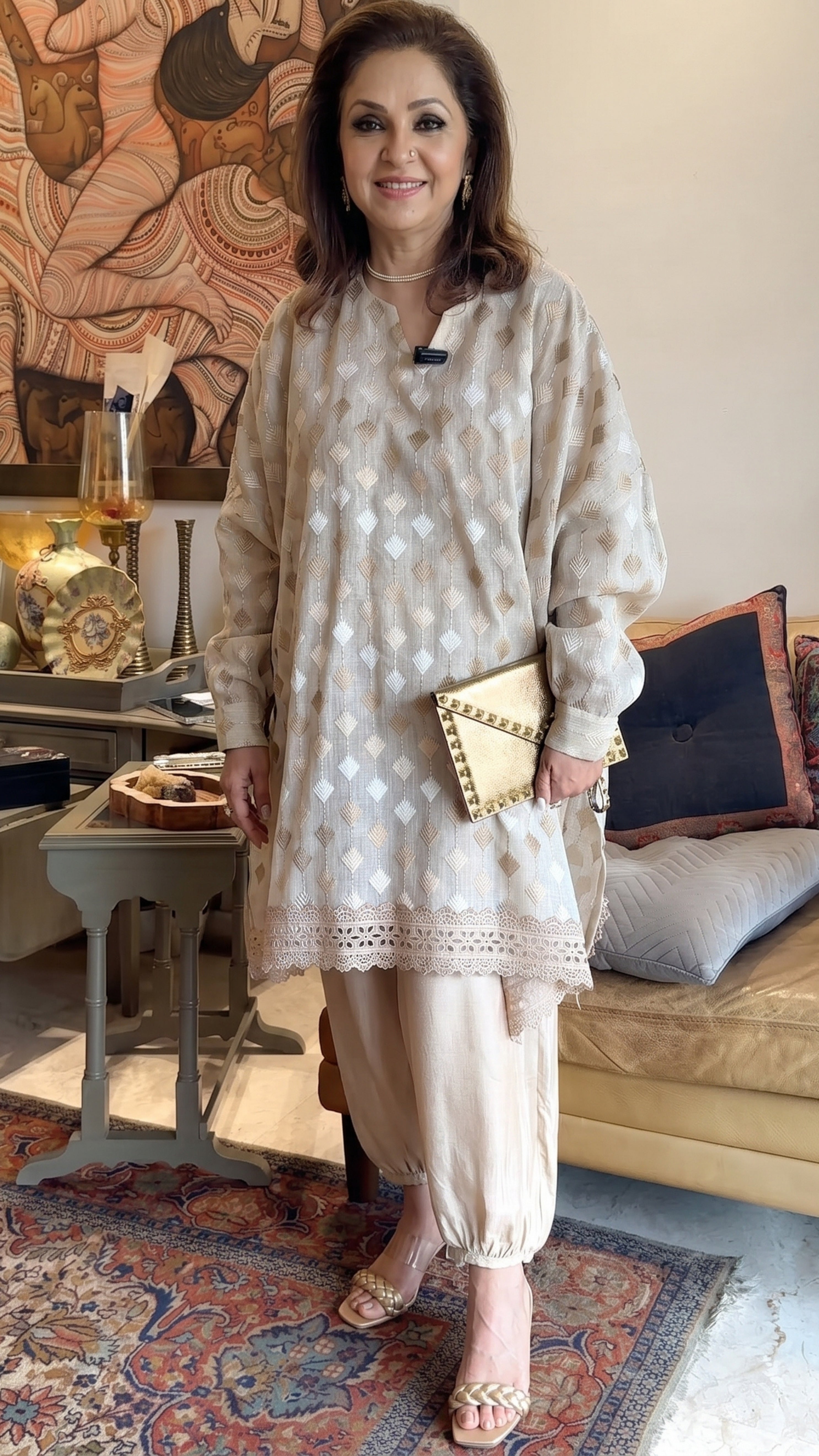 Ivory Linen Embroidered Top With Silk Cotton Afghani Pants