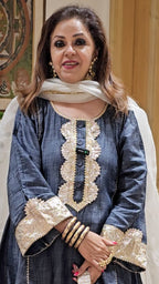 Dark Blue Denim Flowy Denim Shirt With Denim Farshi Salwar With Dupatta