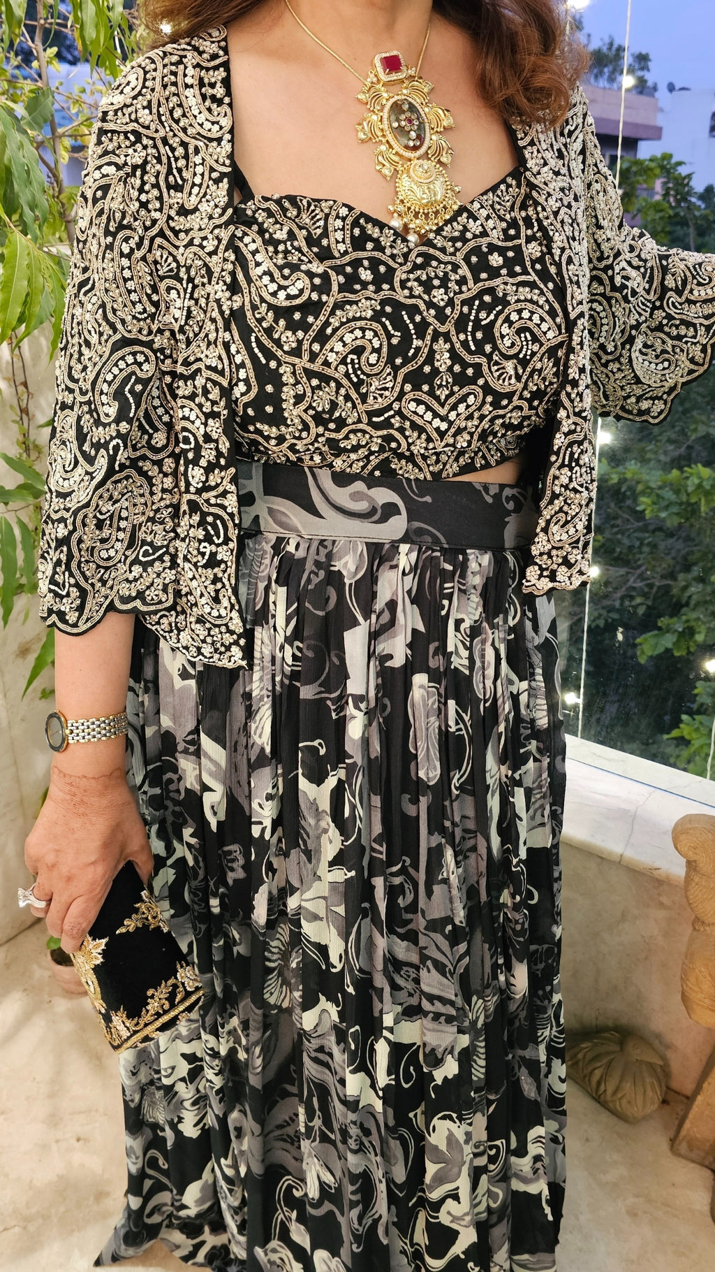 A Beautiful Black and White Chinon Outfit With Heavy Hand Embroidered Jacket and Blouse and With Chinon Printed Bottom