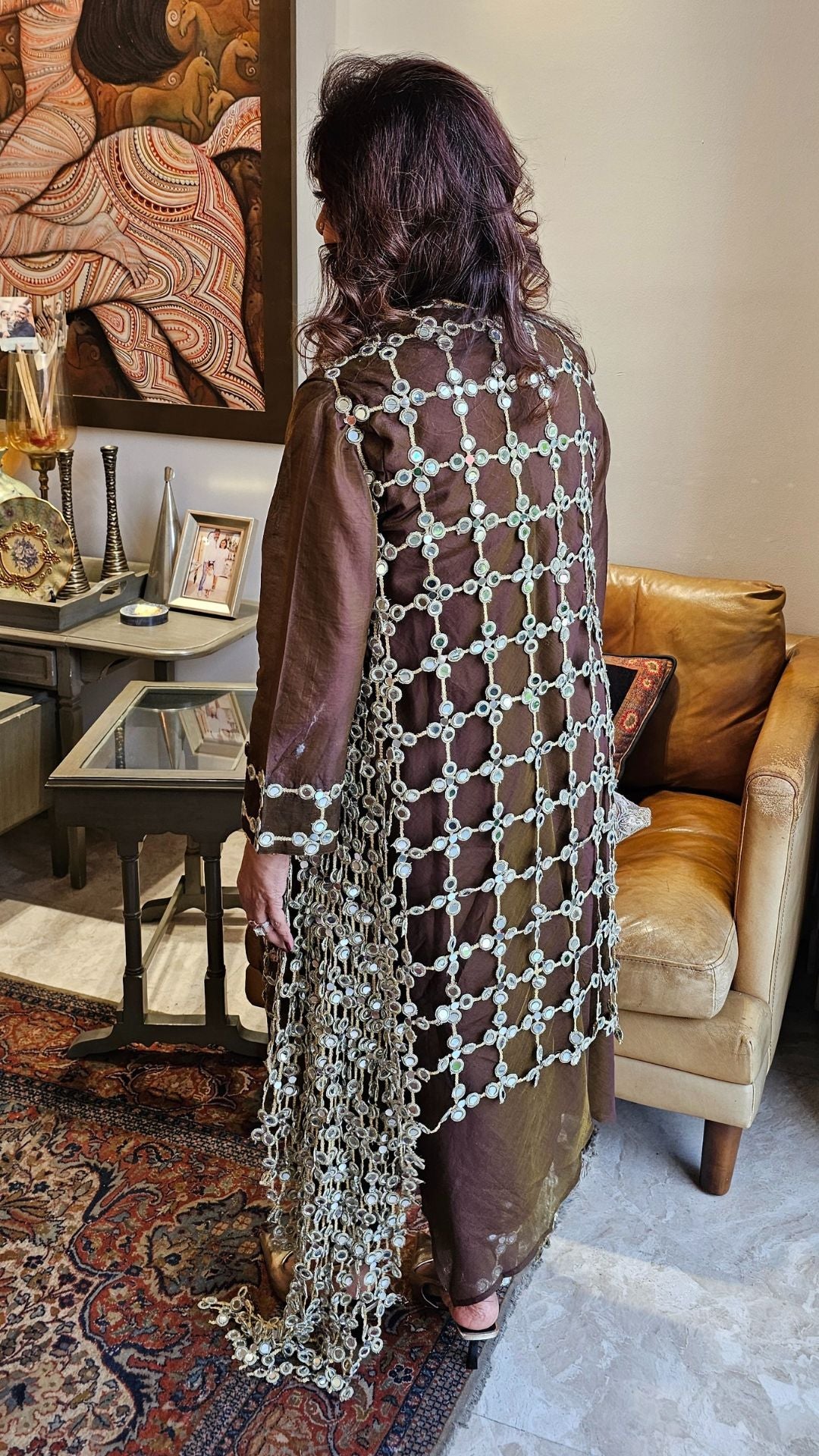Brown Linen Shirt and Pants With a Mirror Work Cape