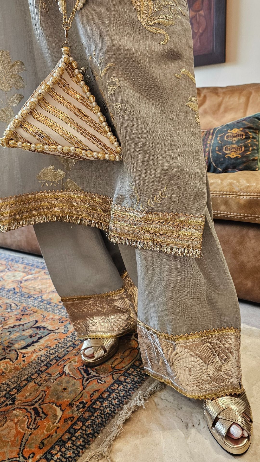 Grey Linen Embroidered Top With Linen Bottom