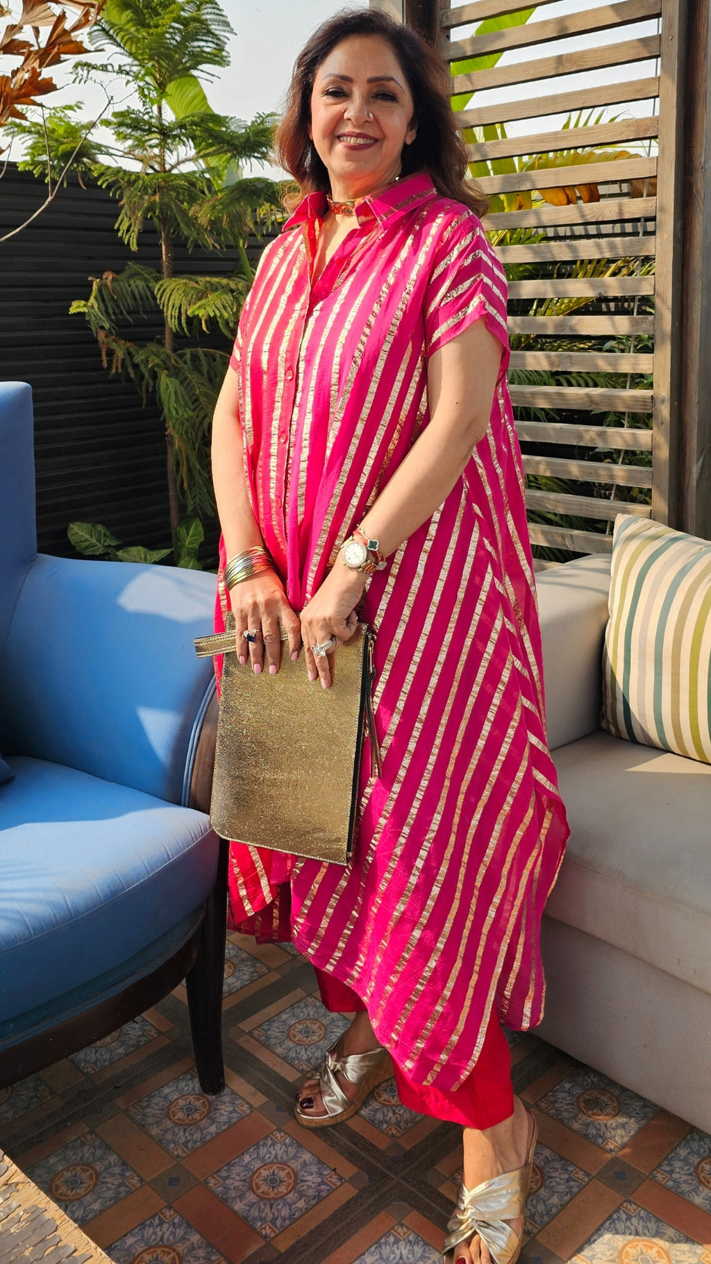 Beautiful Dual Color Mal Chanderi Golden Striped Three Piece Outfit