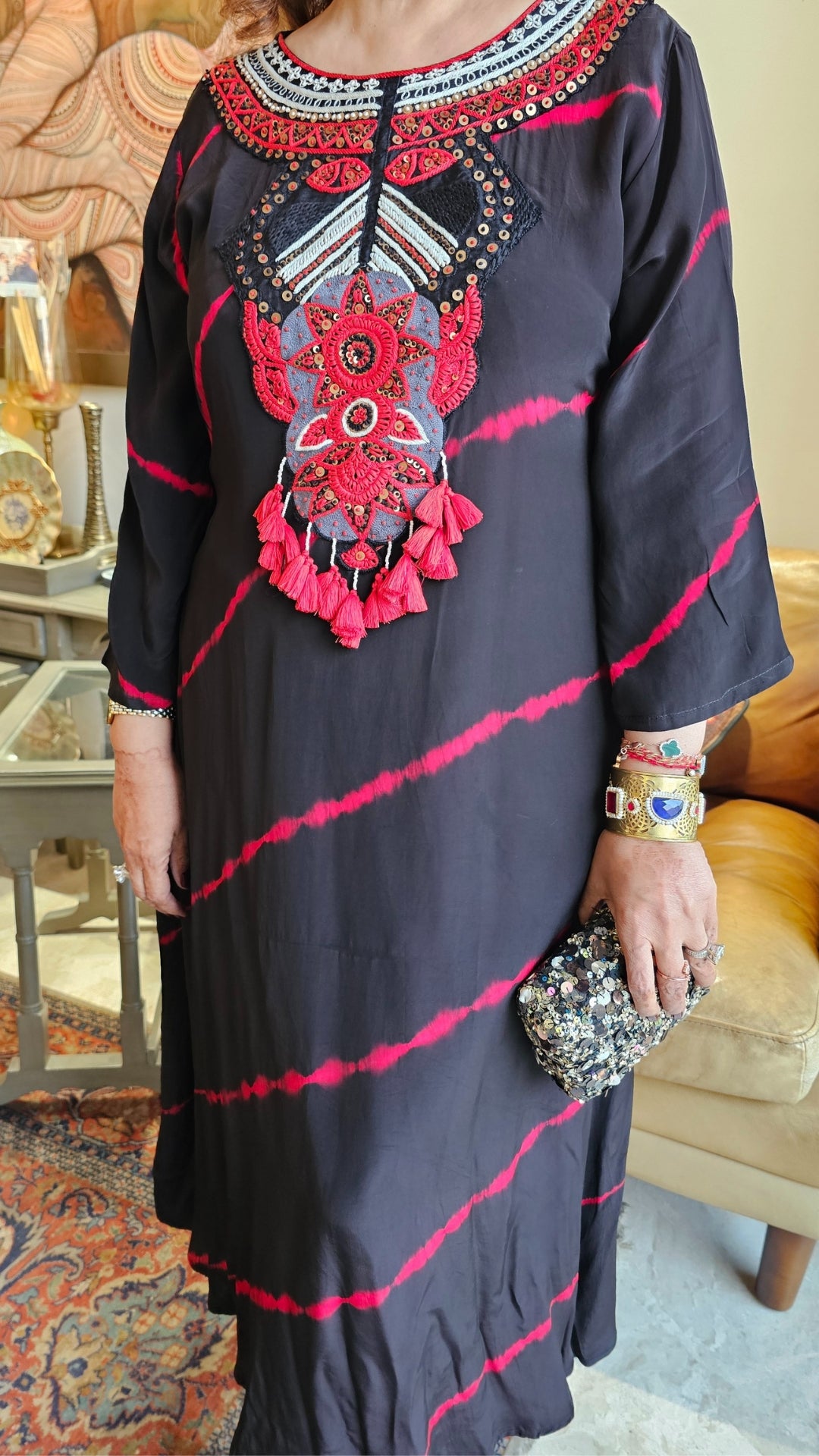 A Beautiful Crepe Silk Tie and Dye Dress With Hand Embroidered Neck