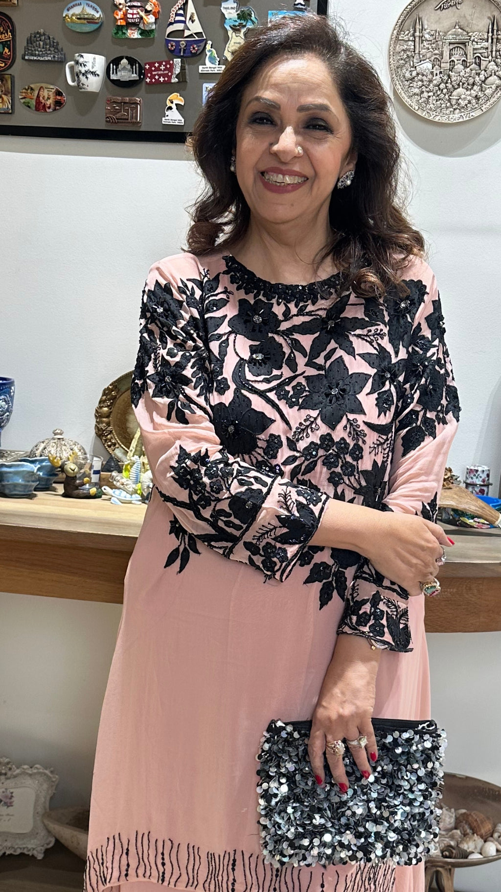 Peach Georgette Fully Lined 2 Piece Kurta and Flared Pants Dressed With Stunning Embroidery on Both Top and Bottom