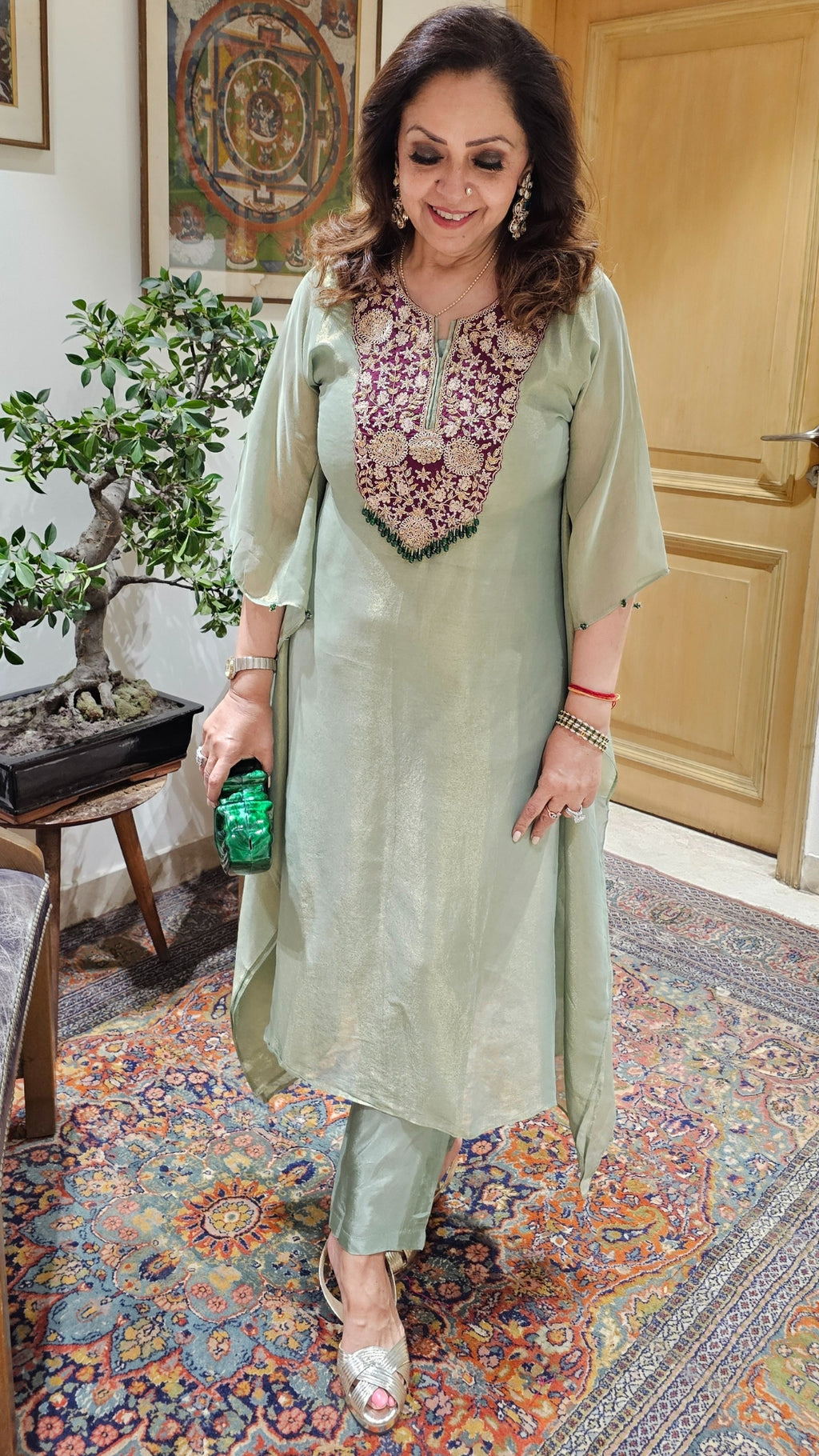 Beautiful Tissue Kaftan With Hand Embroidered Neck in Zardozi, Dabka & Moti Work