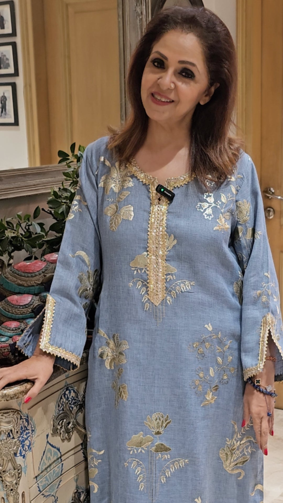 Ice Blue Linen Kaftan Maxi Dress in Gold Embroidered