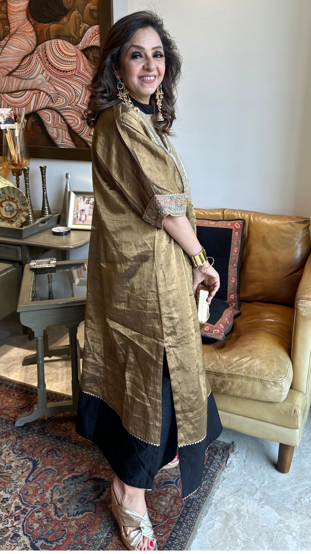 Gold N Black Banarasi Top With Chanderi Silk Bottom With Embroidered Yoke Work
