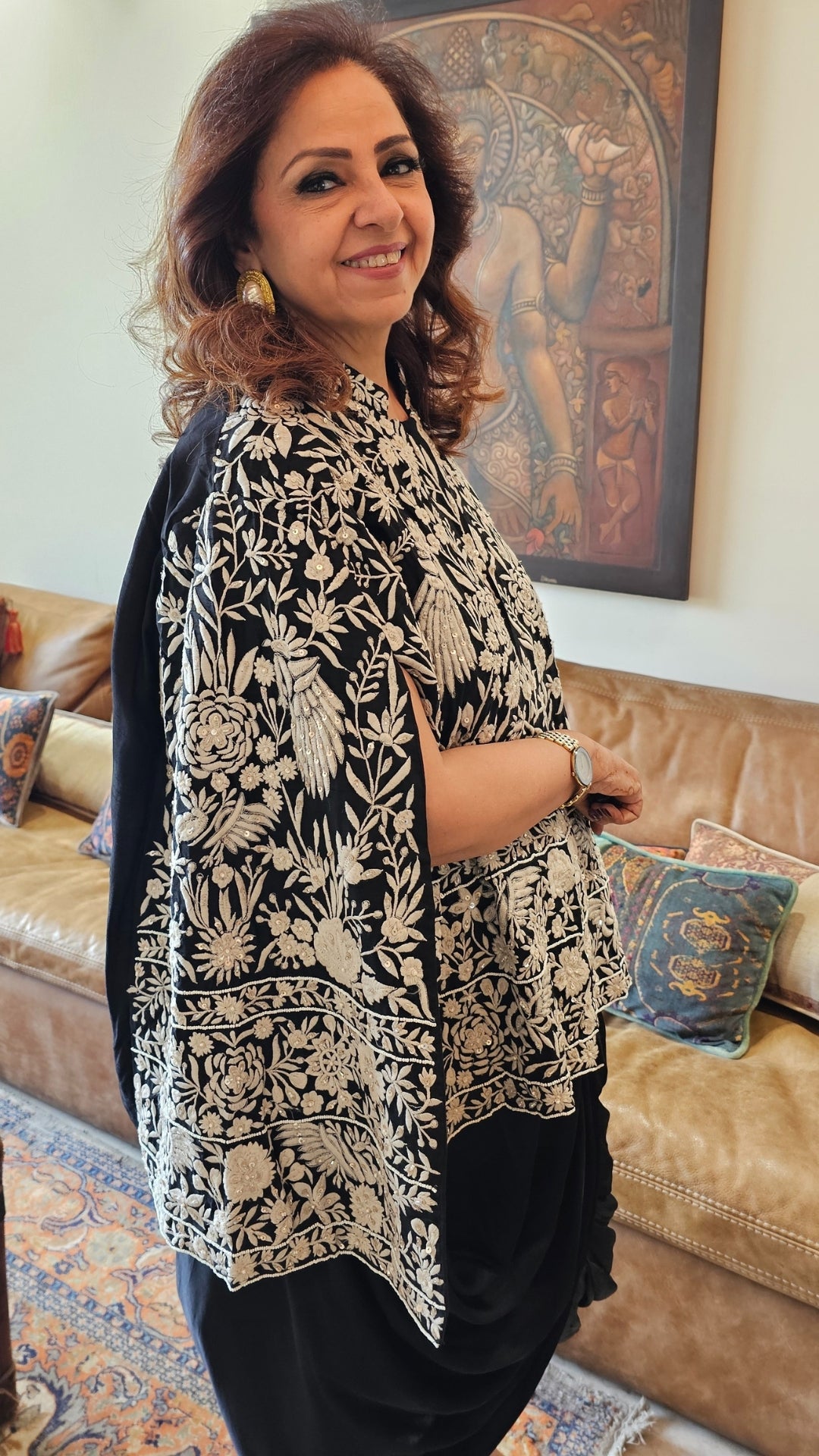 Adorable Black Silk Parsi Hand embroidery with hand embroidered Bead work cape with satin Drape Skirt