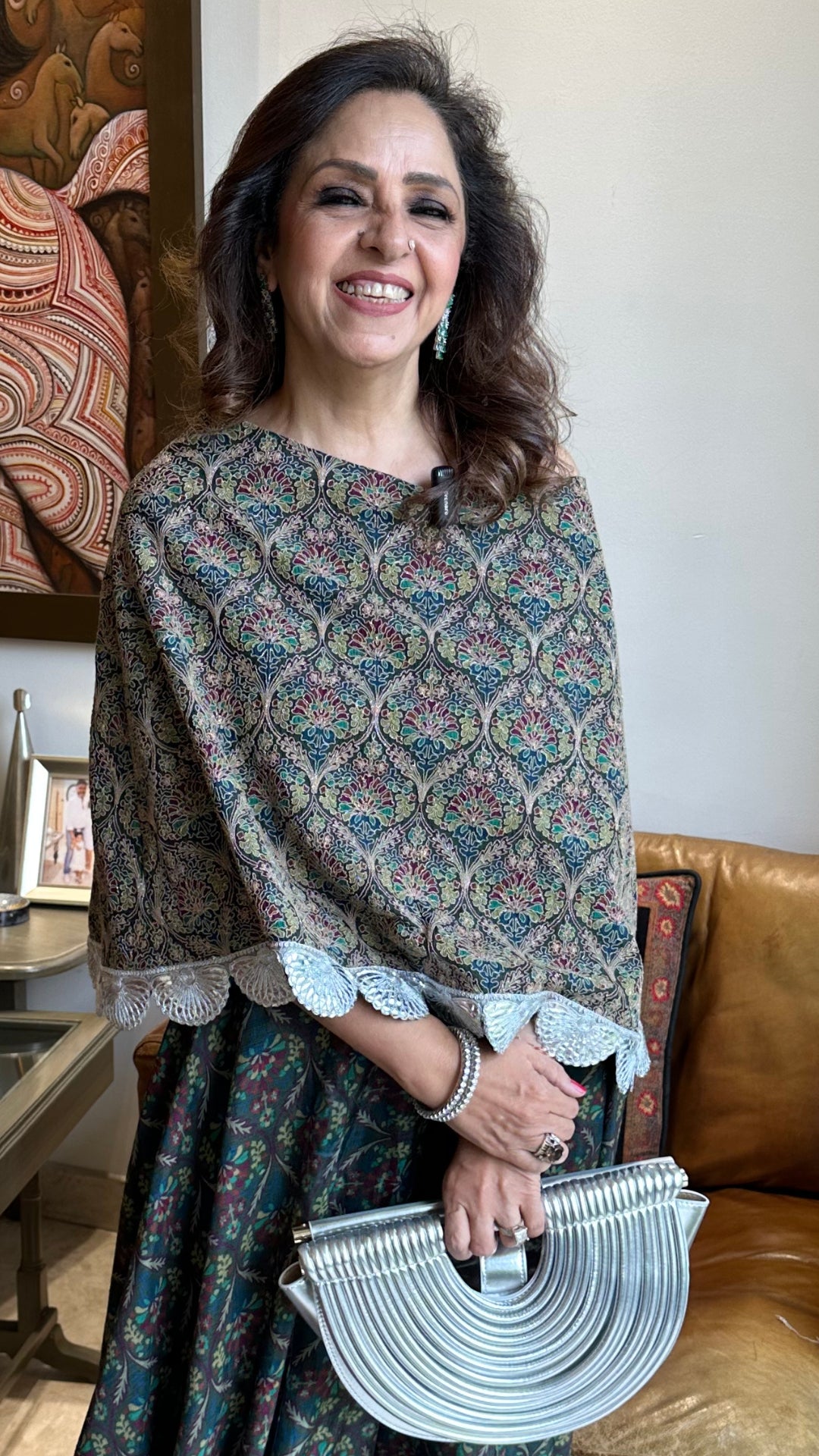 Silver Silk Top With Print Drape Bottom With Embroidered Work