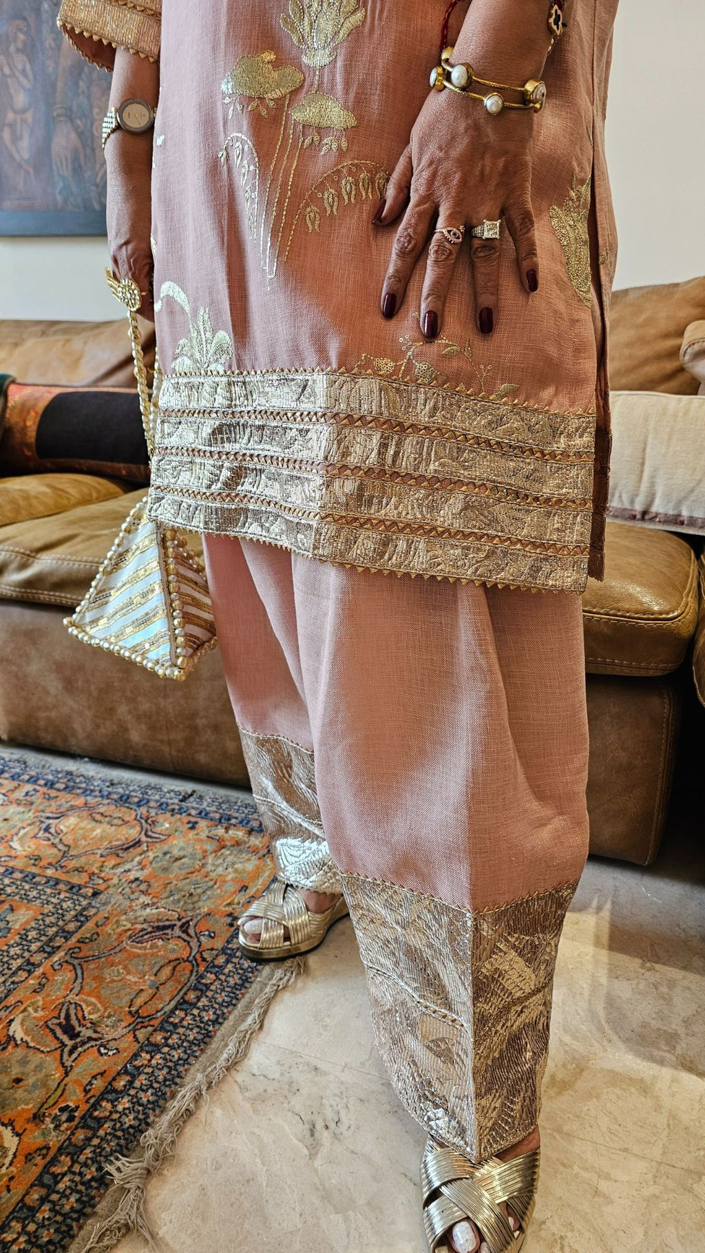 Blush Pink Linen Gota Embroidered Top With Linen Bottom