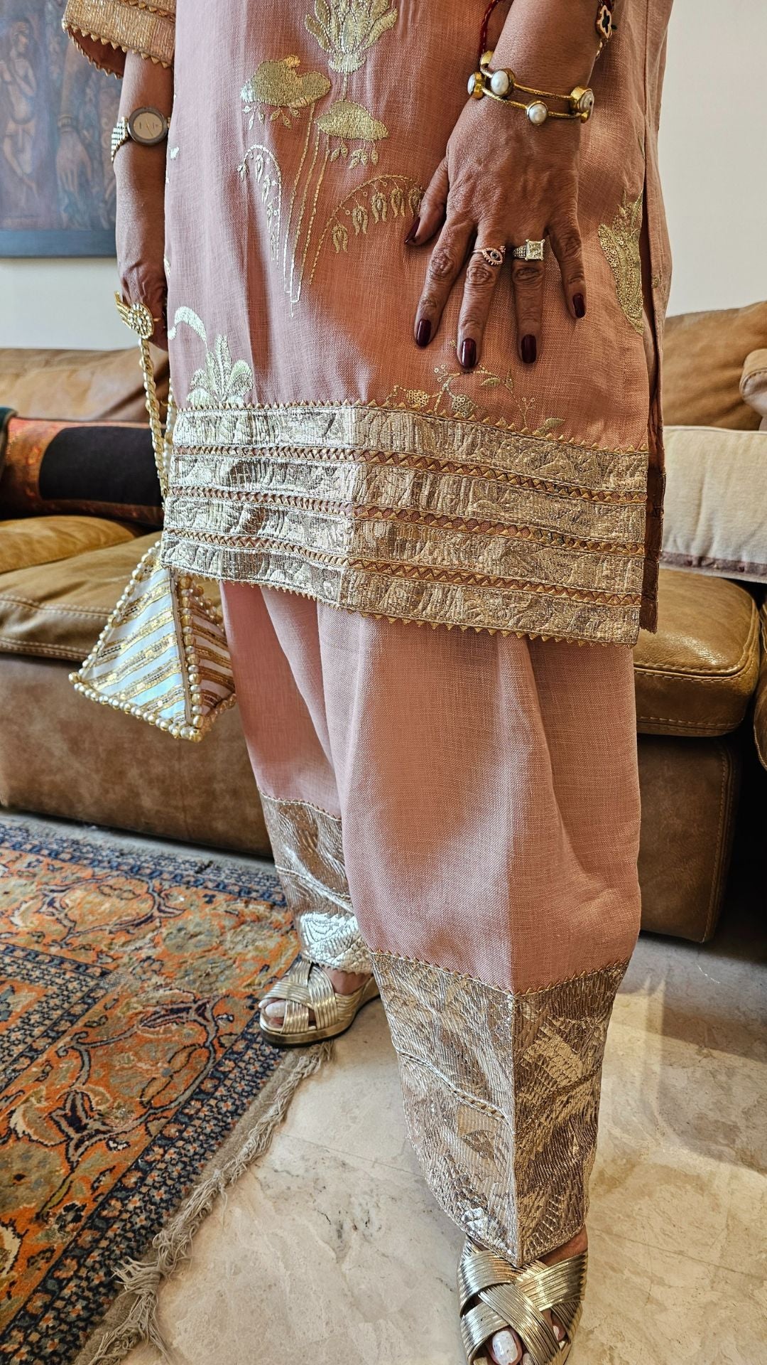 Blush Pink Linen Gota Embroidered Top With Linen Bottom