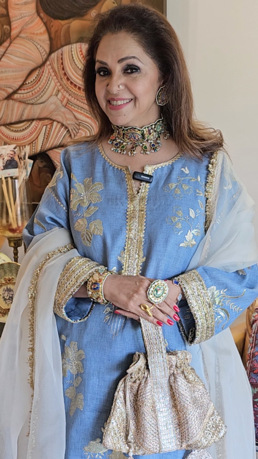 Ice Blue Linen Embroidered Top With Linen Bottom and Organza Dupatta