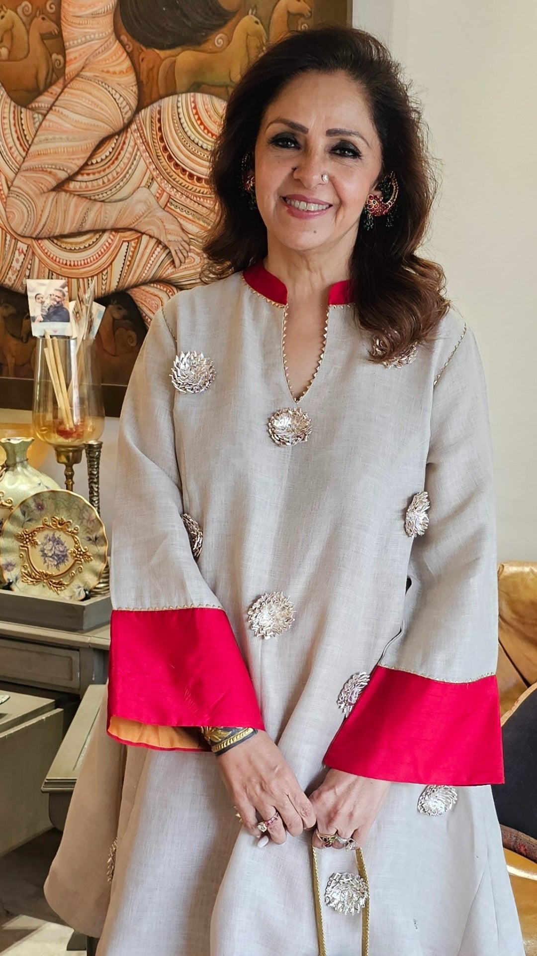 Light beige Chanderi Silk Top With Patch Work and Orange Bottom