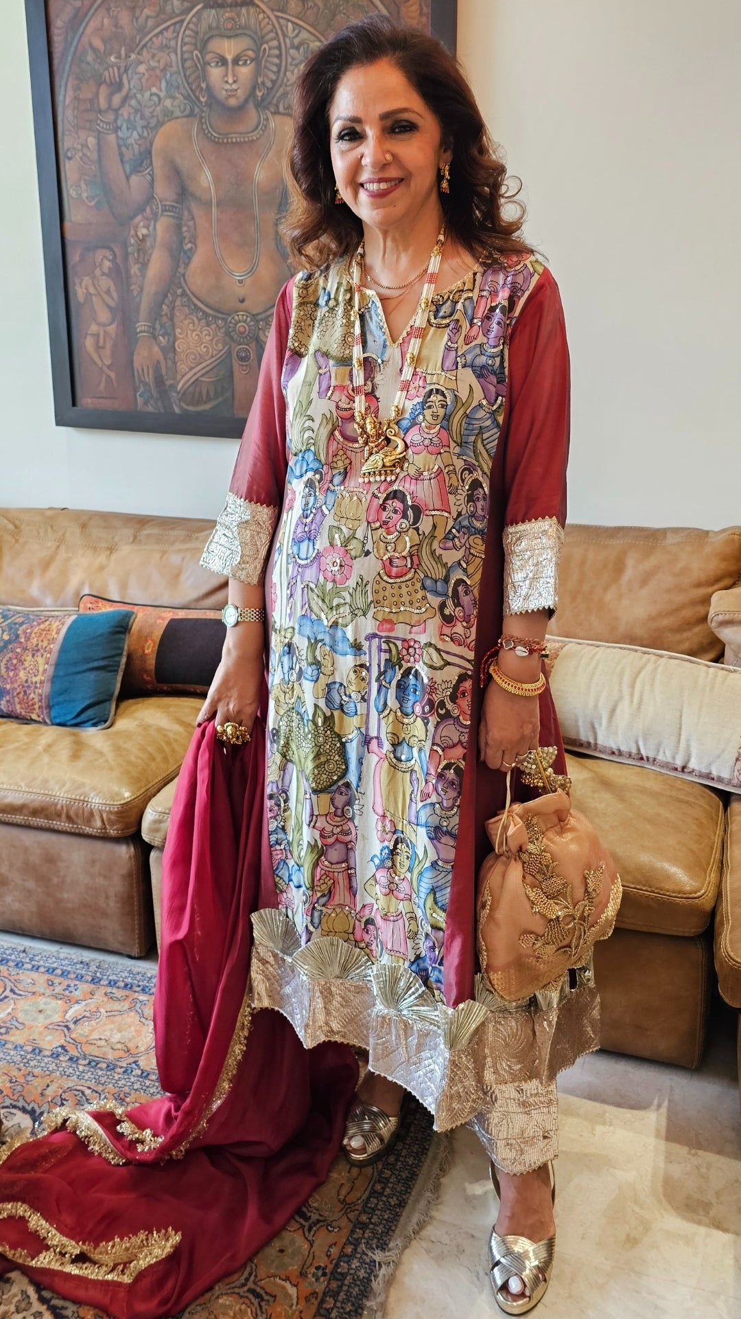 Cherry Red Chanderi Silk Kurta With Pure Hand Painted Kalamkari and Hand Embroidered and Dupatta