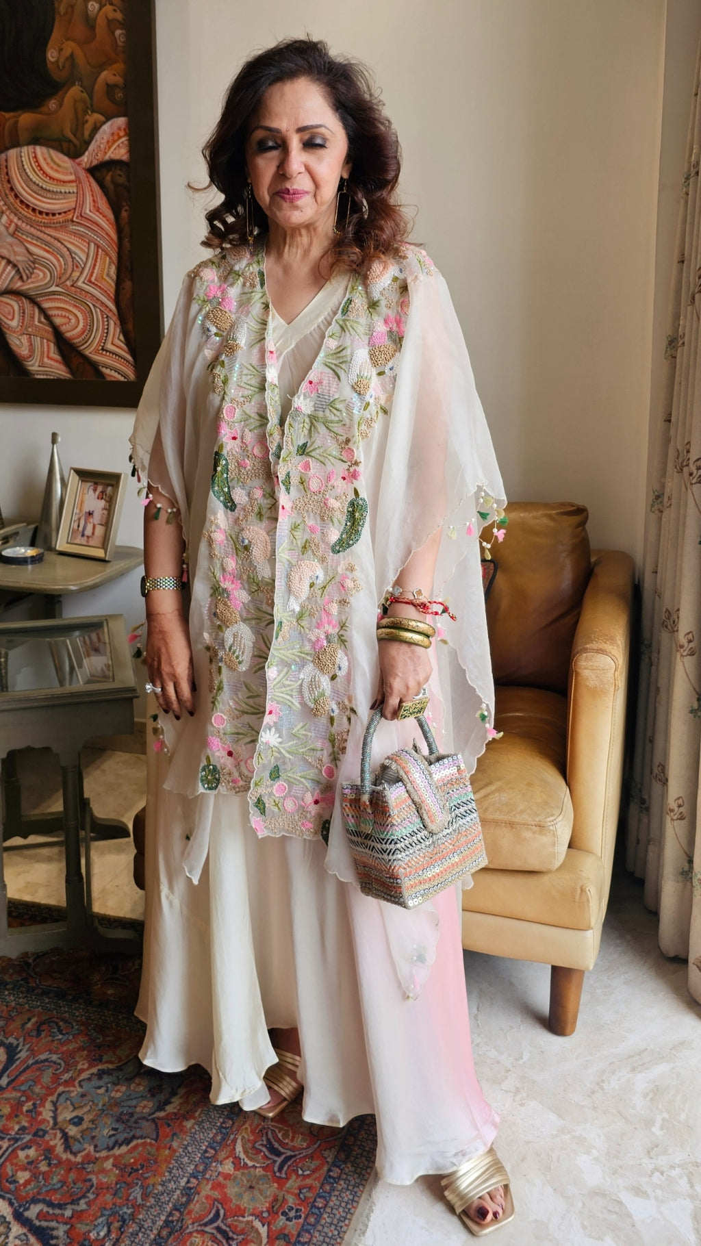 Beautiful Blush Pink Satin Hand Embroidered Dress With Pure Organza Cape