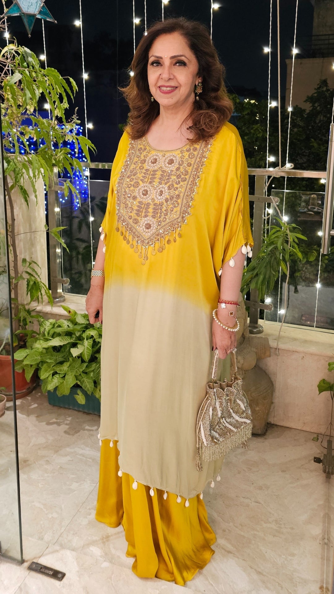 Yellow Satin Shirt in Tie n Dye Yoke and Solid Color Bottom Embellished With Hand Embroidery Elaborate Neck