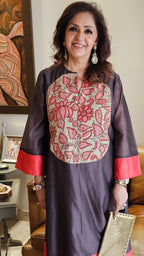 Black N Red Chanderi Silk One Piece With Hand Painted and Kalamkari Embroidered Work