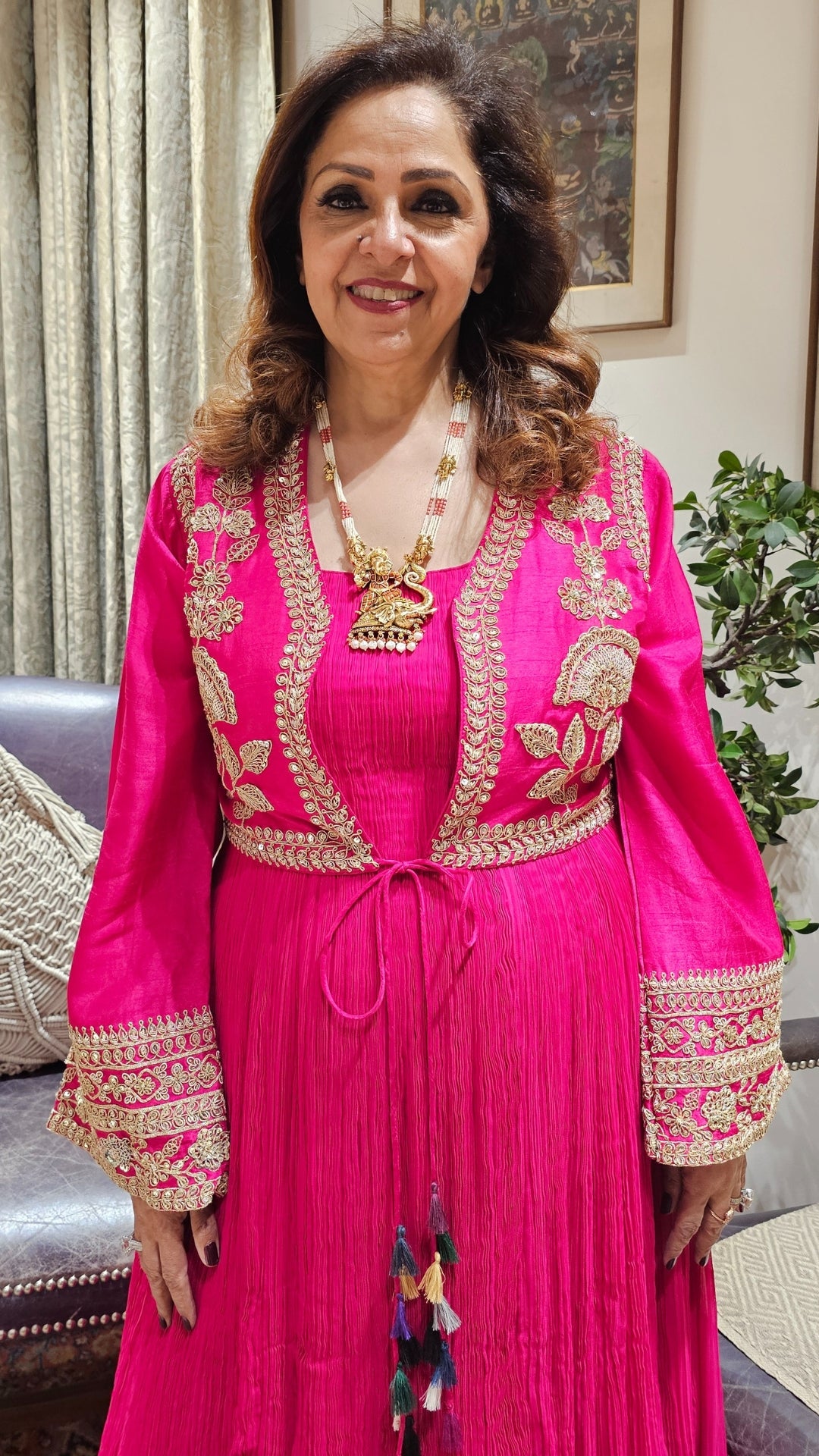 A Beautiful Fuchsia Silk Jacket Outfit With Heavy Hand Embroidery on it and With Wrinkled Silk Top and Bottom