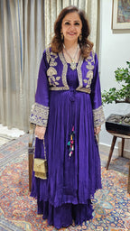 A Beautiful Purple Silk Jacket Outfit With Heavy Hand Embroidery on it and With Wrinkled Silk Top and Bottom