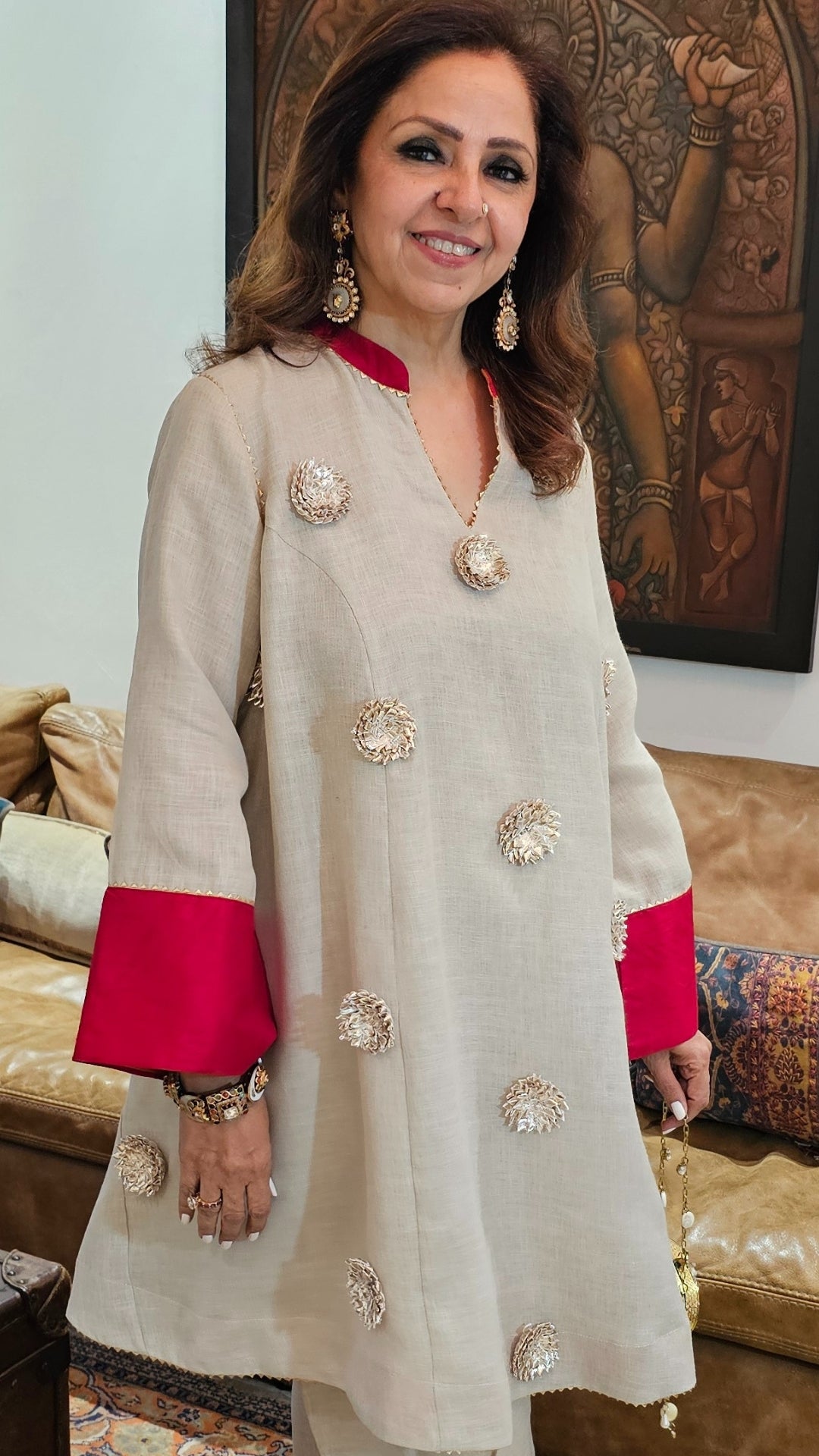 Grey Chendari Silk Co-ord Set With Patch Work