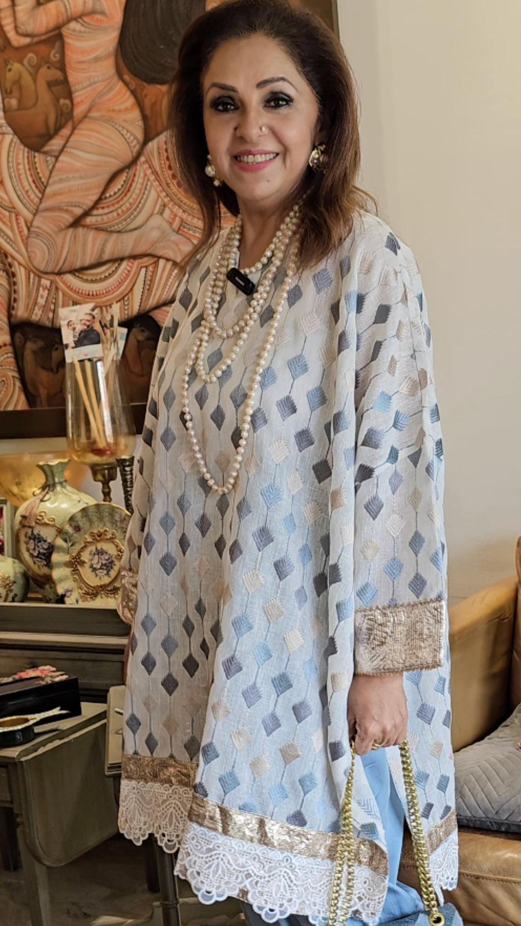 Blue and Ivory Linen Embroidered Top With Silk Cotton Afghani Pants